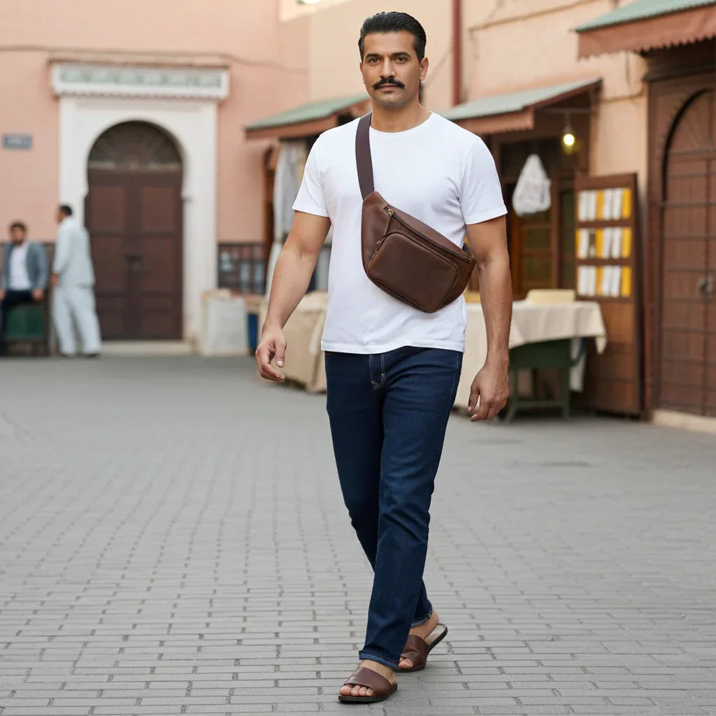 Man wearing Cambridge leather waist pack as a crossbody travel bag