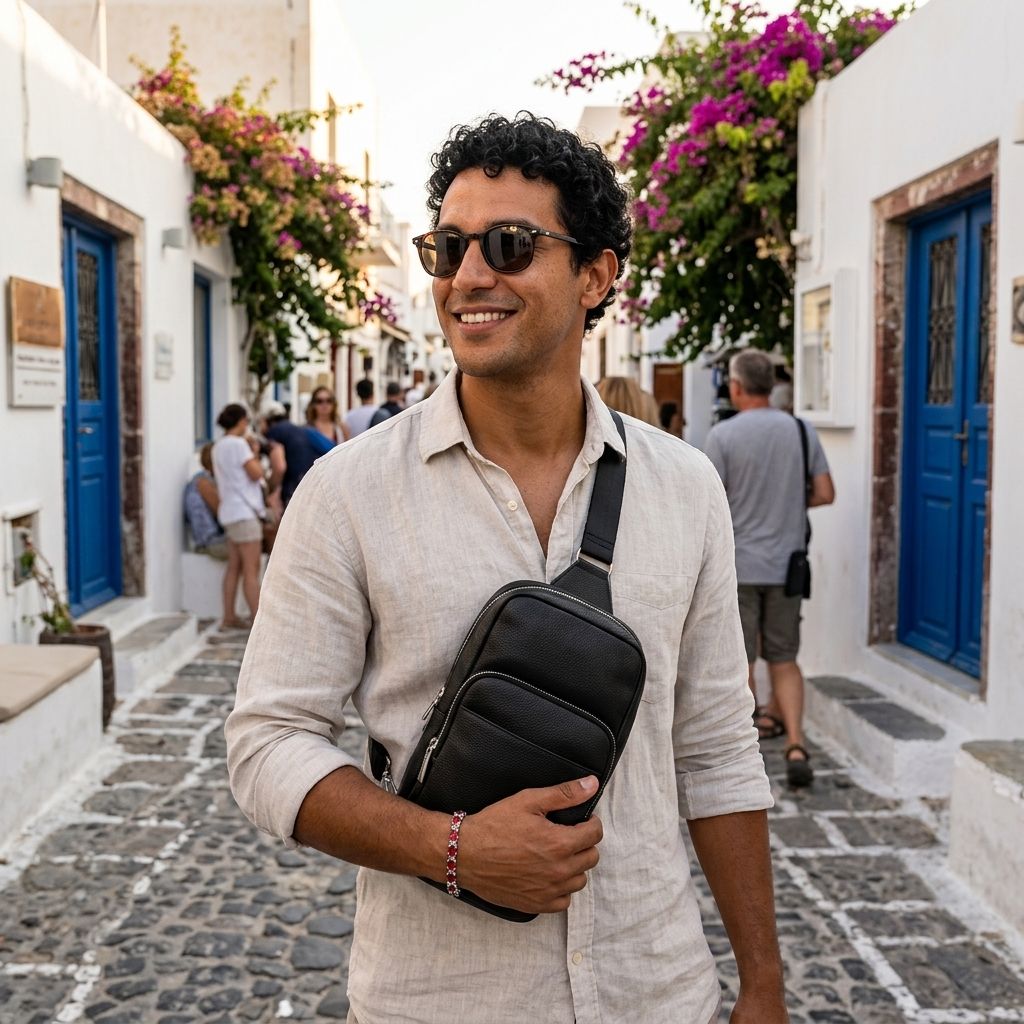 Man wearing black leather sling bag for travel and city commuting