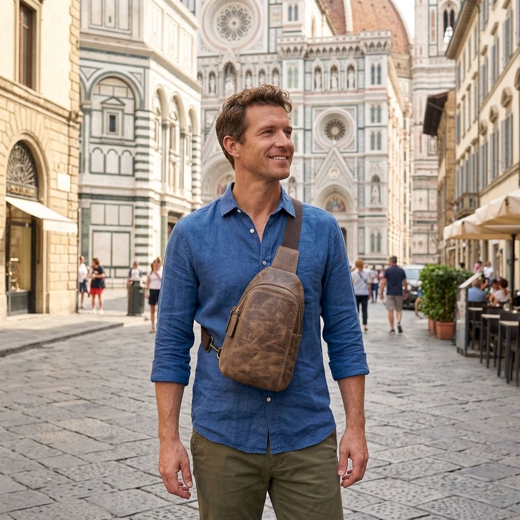Man wearing brown Crazy Horse leather sling bag for travel and city walking