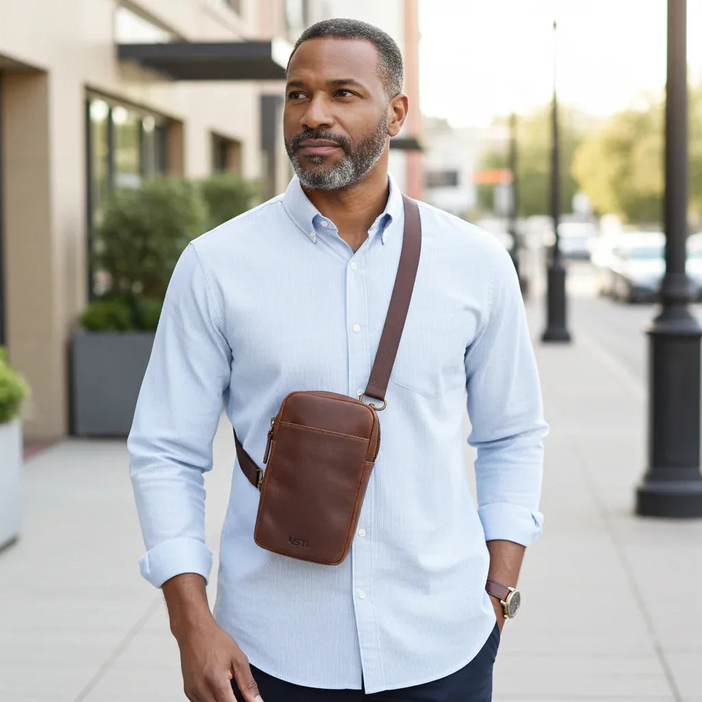 Man wearing brown leather phone bag for travel and errands