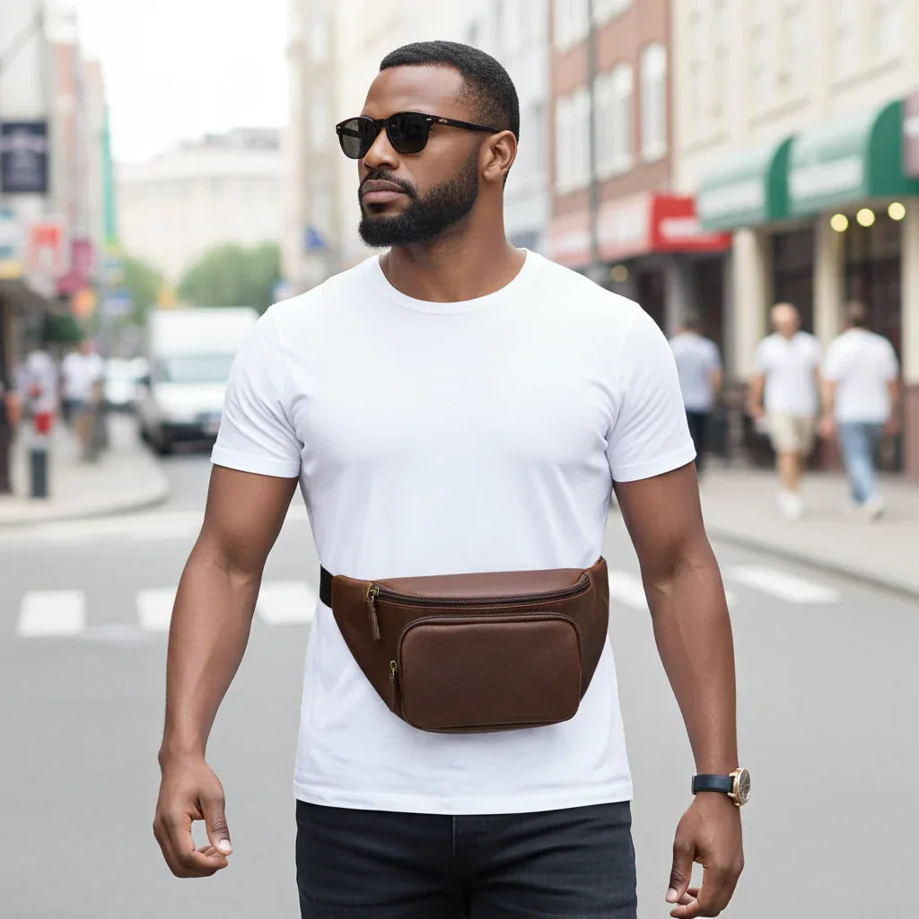 Man wearing brown leather waist pack for hands-free city travel