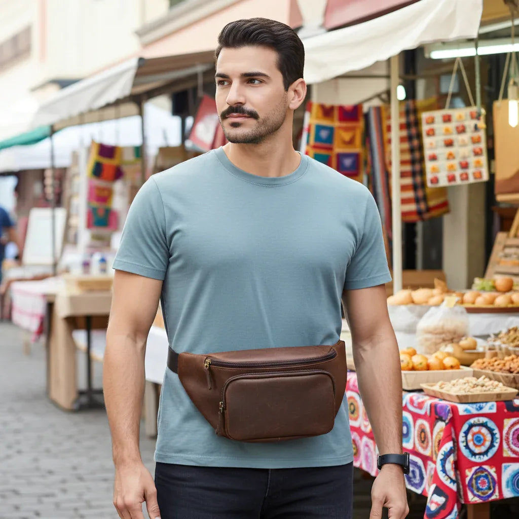 Man wearing full-grain leather waist bag for errands and daily carry