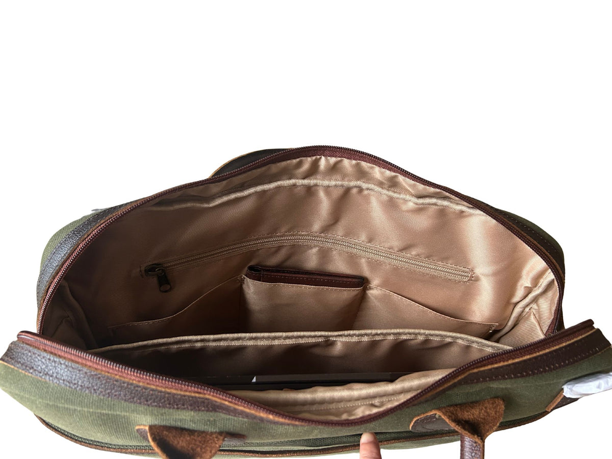 Maxwell Top-Zip waxed canvas messenger bag interior with zipper pocket and three organizer pockets