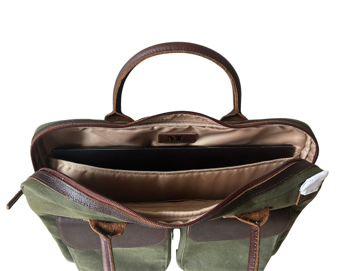 Maxwell Top-Zip waxed canvas messenger bag padded laptop pocket holding a 16-inch laptop