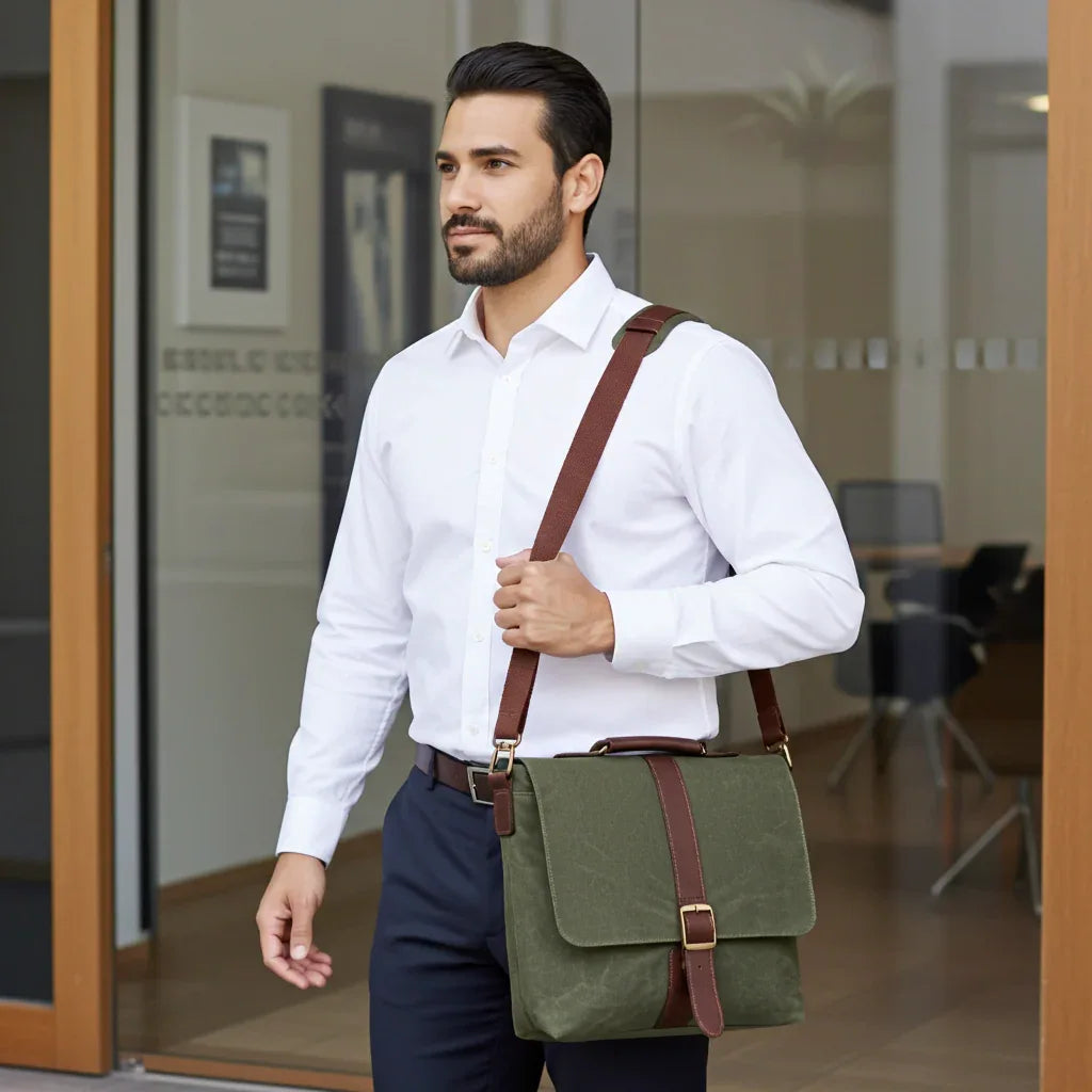 Maxwell Waxed Canvas Messenger Bag -Compact Messenger Bag Best Value Bestseller Canvas bag Canvas Leather Crossbody Leather bag Most Popular Top Pick