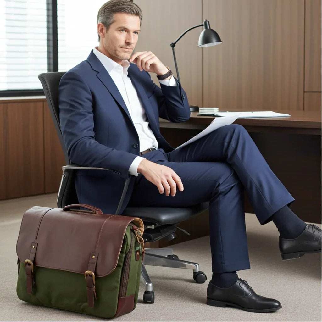 Maxwell Waxed Canvas Messenger Bag - 16'' Laptop - Structured Work & Travel Briefcase Canvas Leather Crossbody Leather bag Messenger Bag Top Pick
