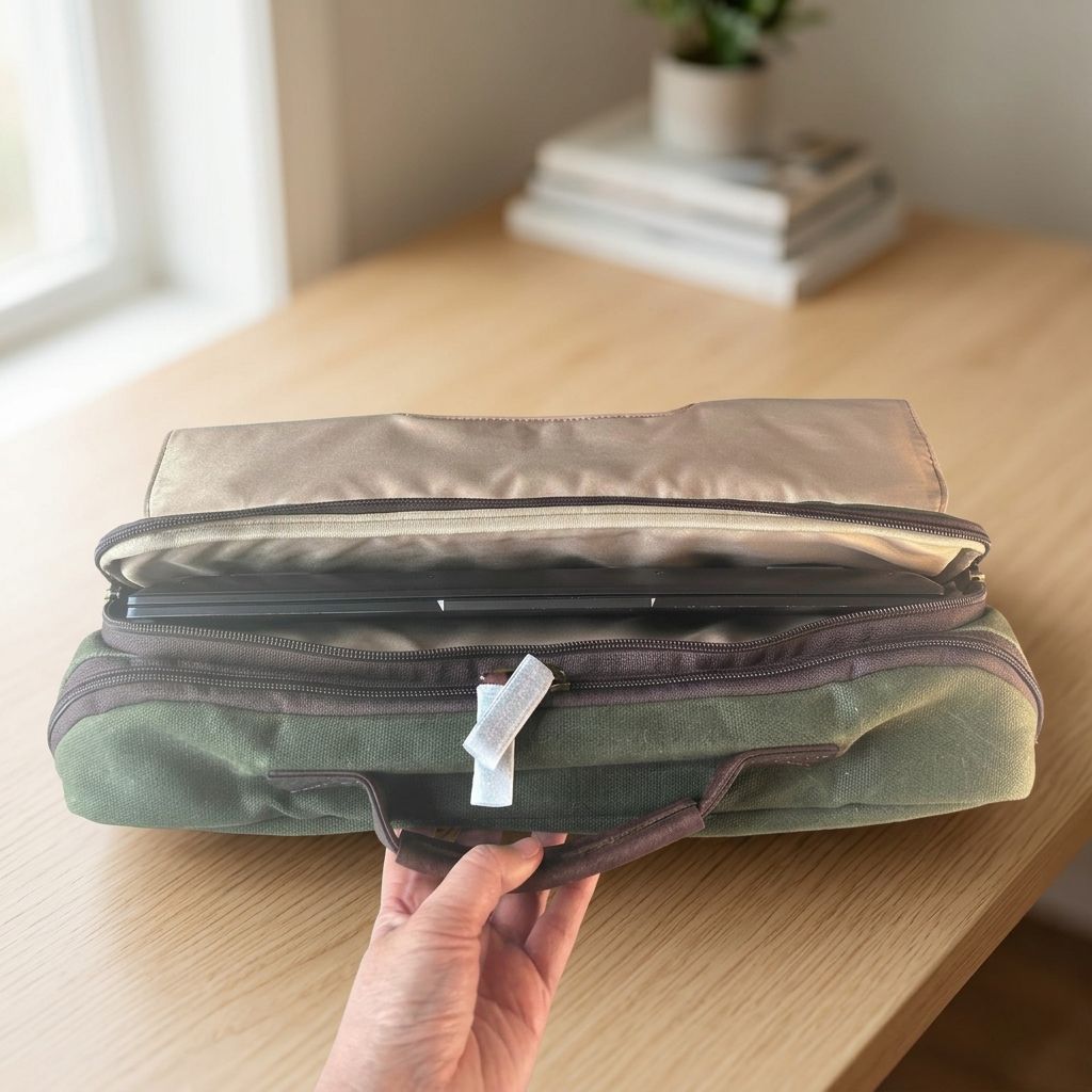 Maxwell structured messenger bag second top-zip compartment shown with 16-inch Lenovo laptop for fit reference