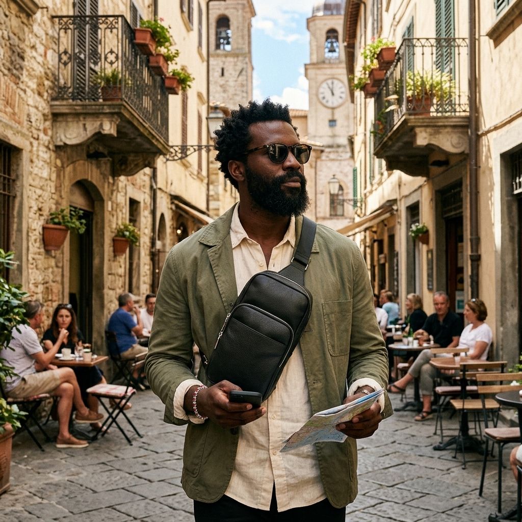 Men’s black leather sling bag styled for travel sightseeing and city use