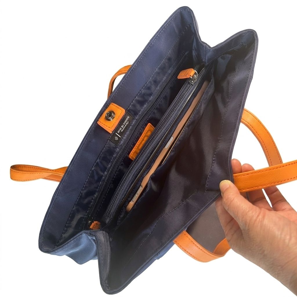 Navy nylon 15-inch laptop work tote shown with iPad, divided interior storage and padded pockets