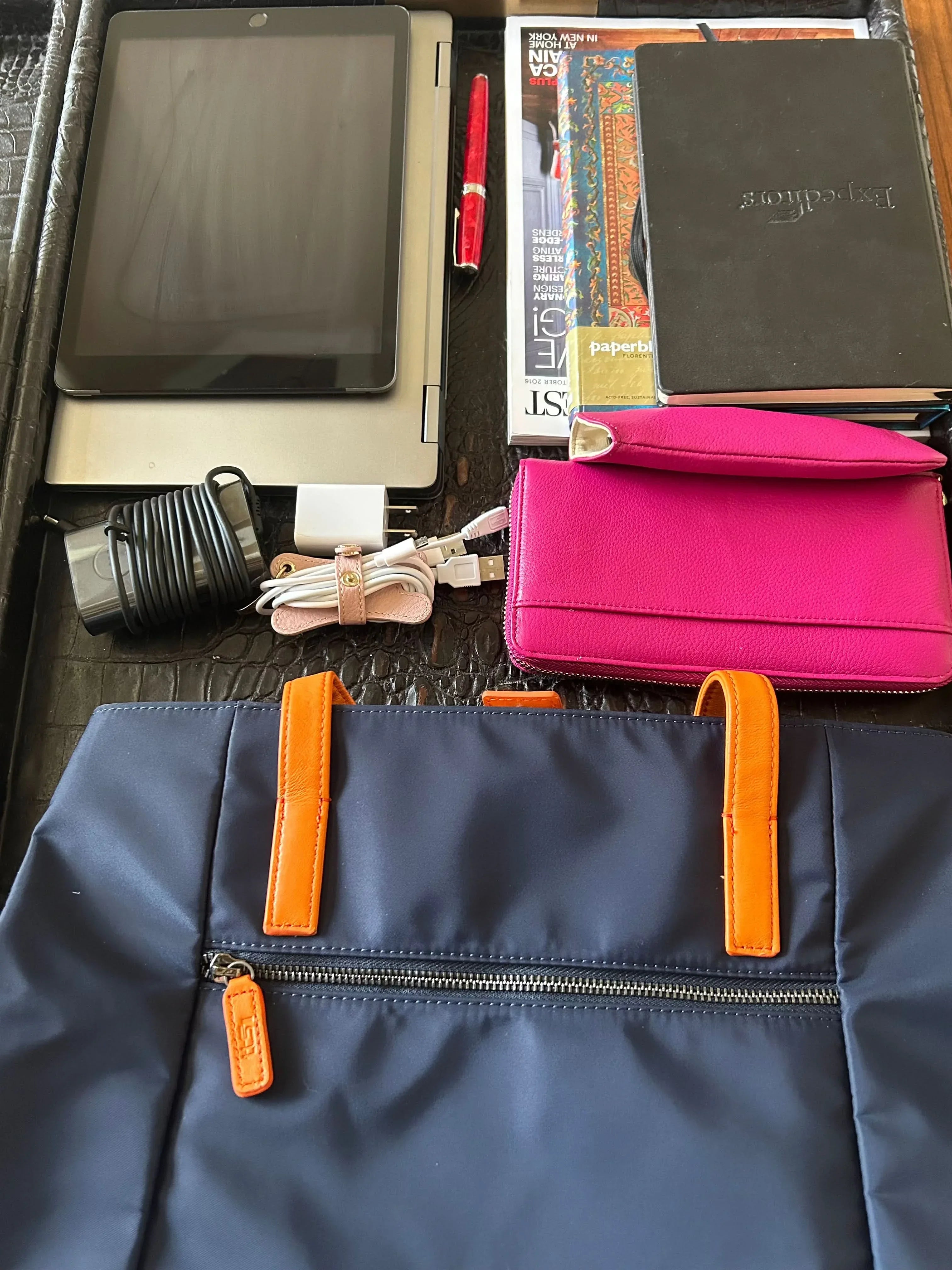 Navy work tote bag with front pocket for office and travel essentials