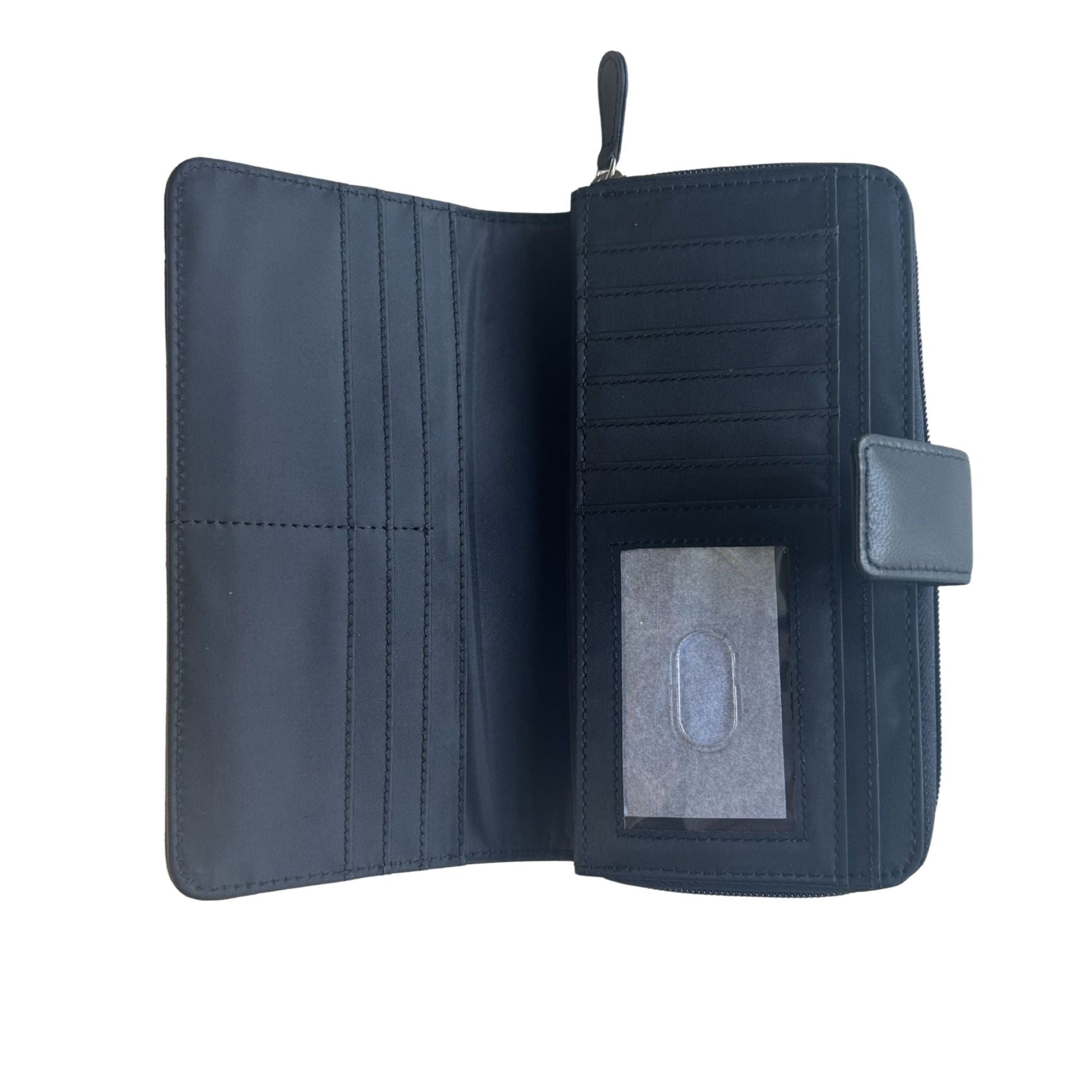 Open black New Zealand lambskin leather organizer wallet showing card slots and ID window