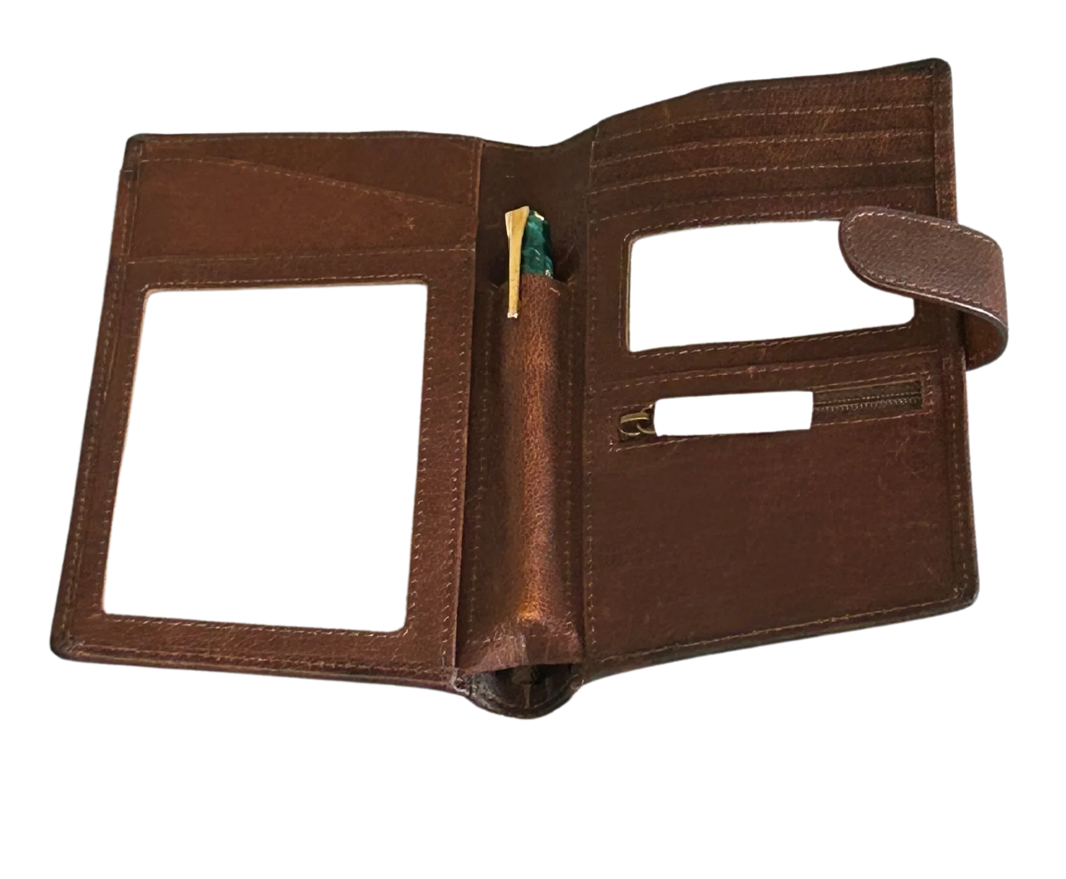 Open Cambridge leather travel wallet with ID windows and compartments