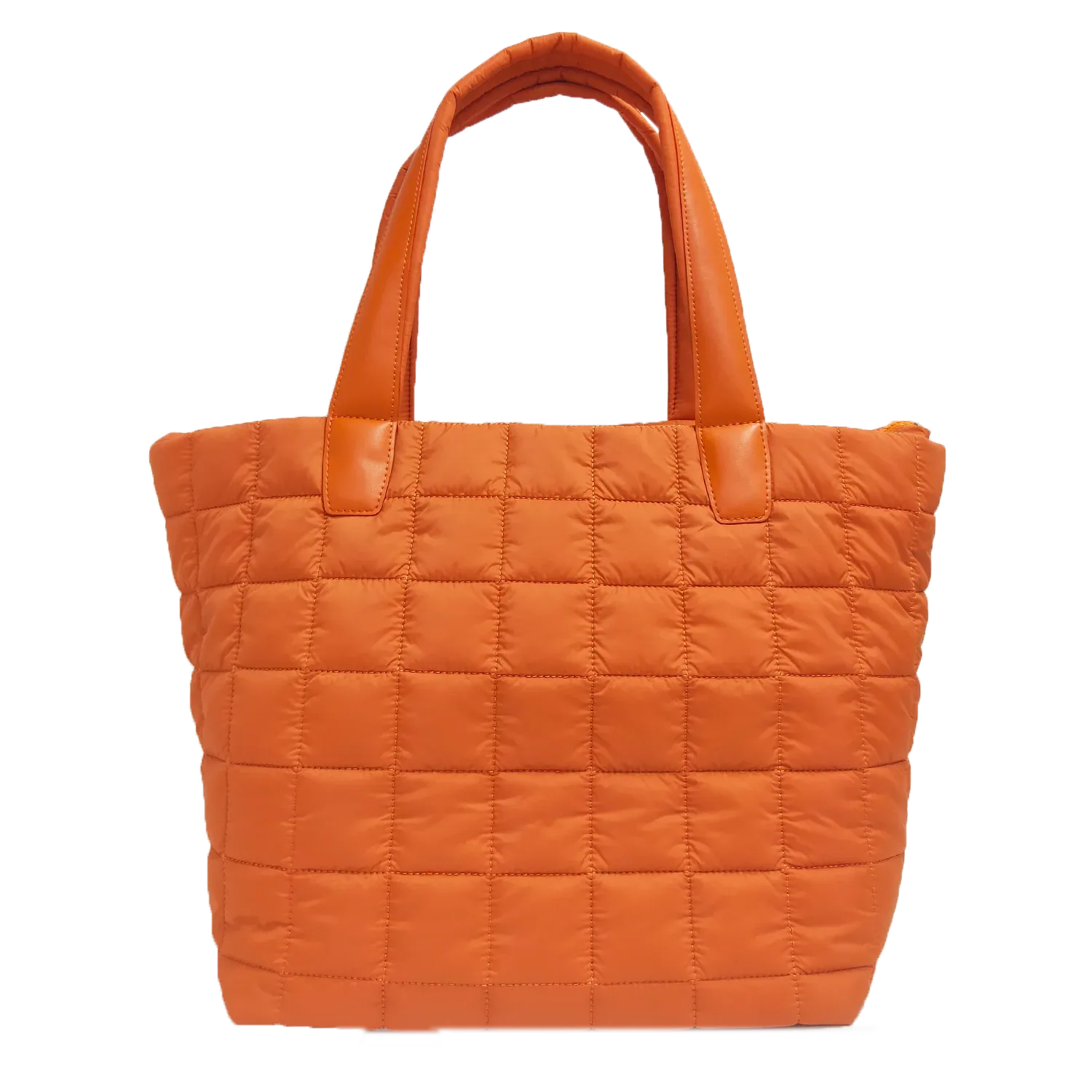 Orange quilted nylon tote bag for women