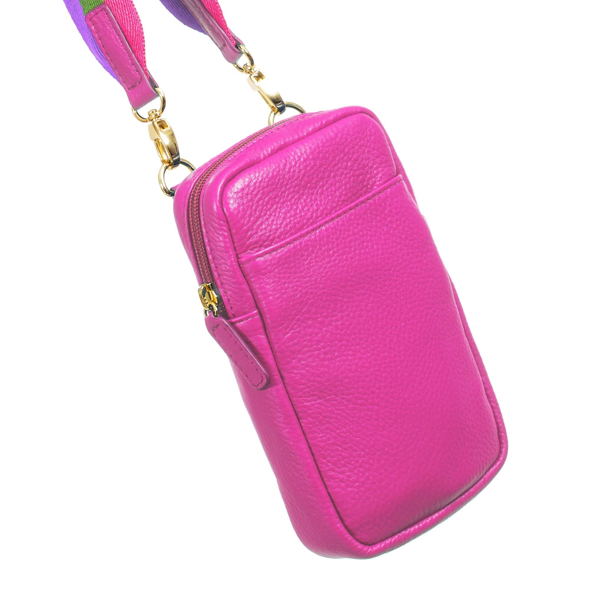 Pink full-grain leather phone bag with striped strap