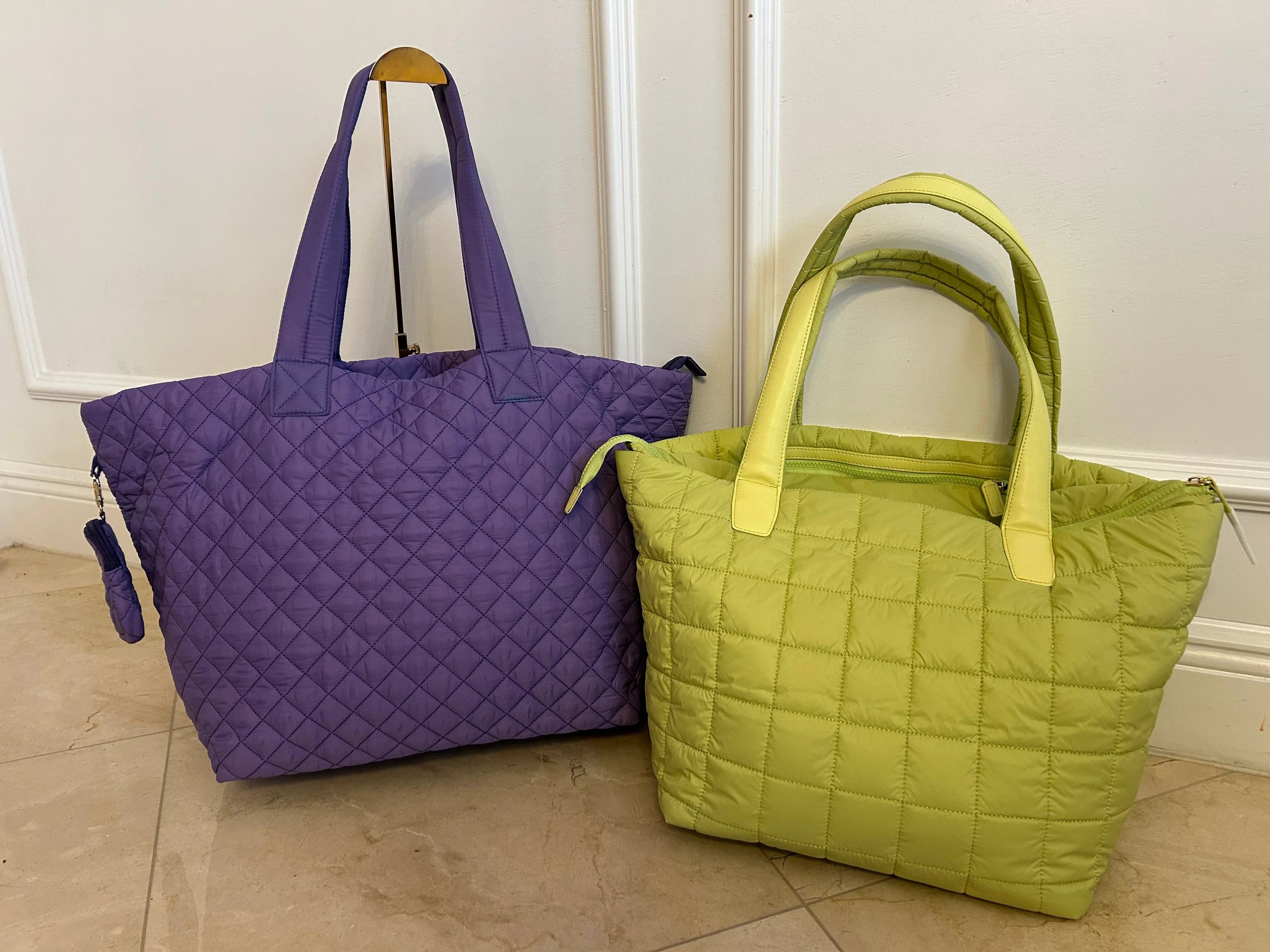 Quilted nylon tote bag color choices and matching accessories