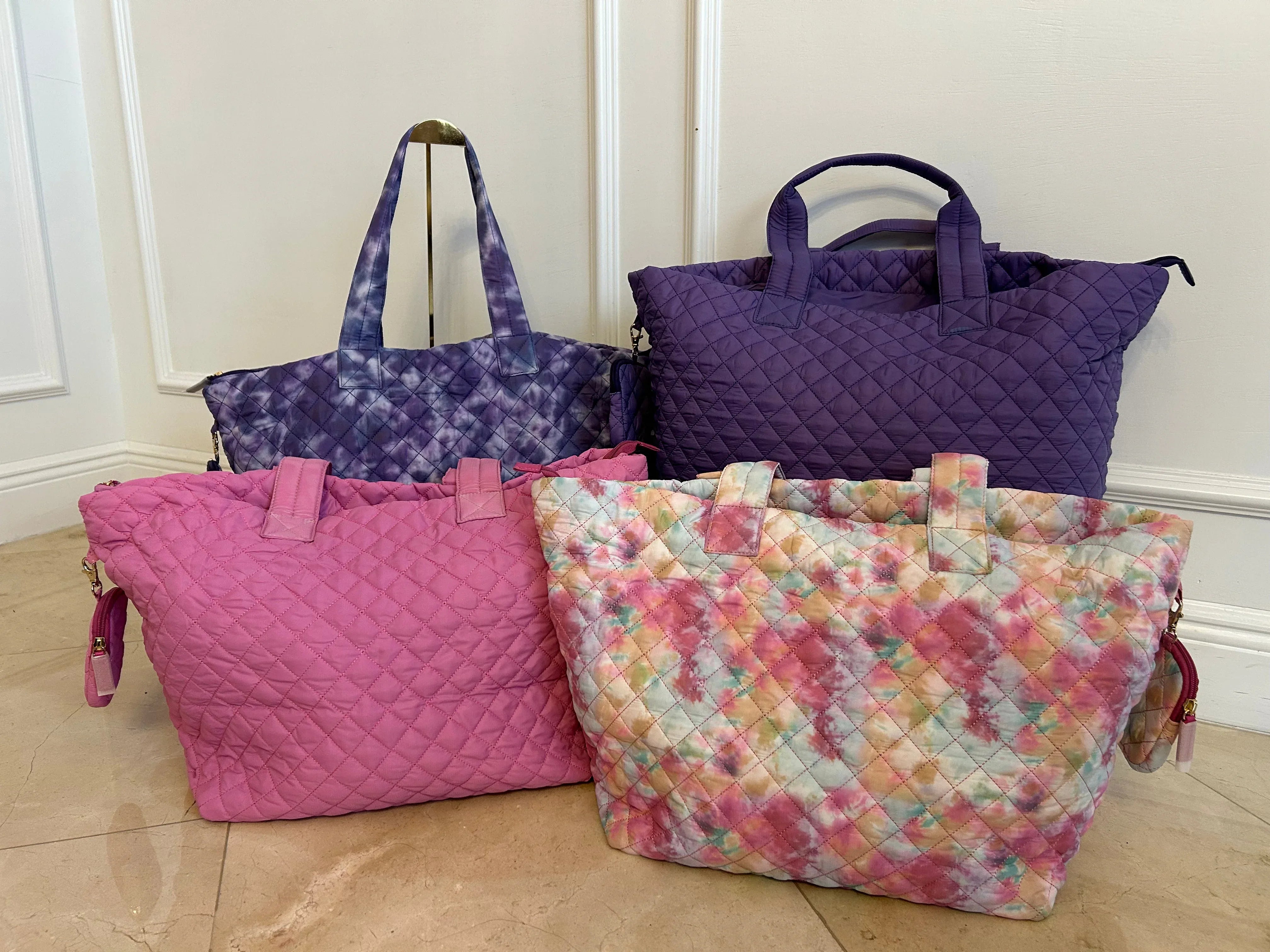 Quilted nylon tote bag color options for travel and beach