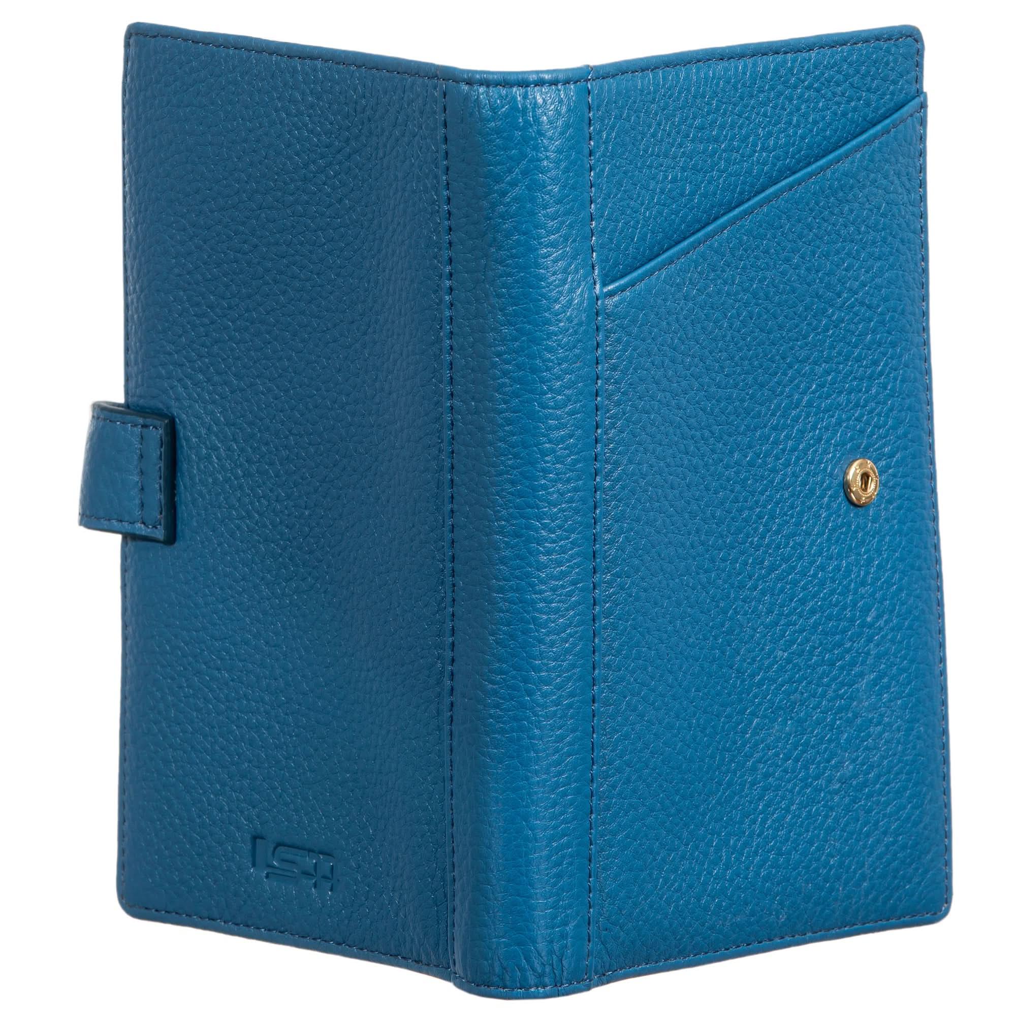 Blue Sophia full-grain leather travel wallet with slim passport size