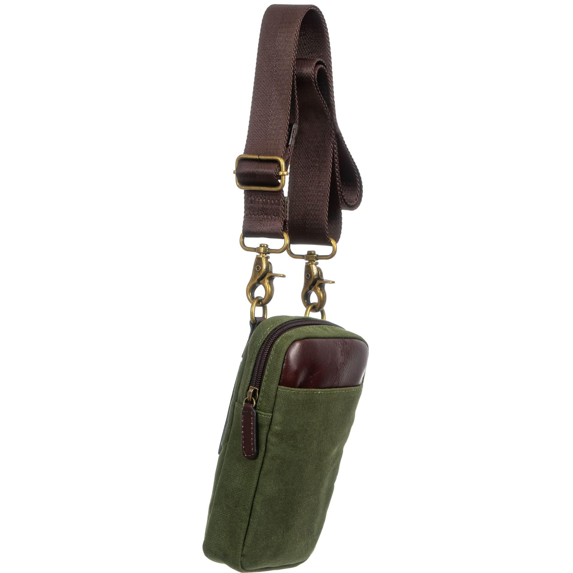 Side view of Maxwell waxed canvas phone pouch with adjustable strap