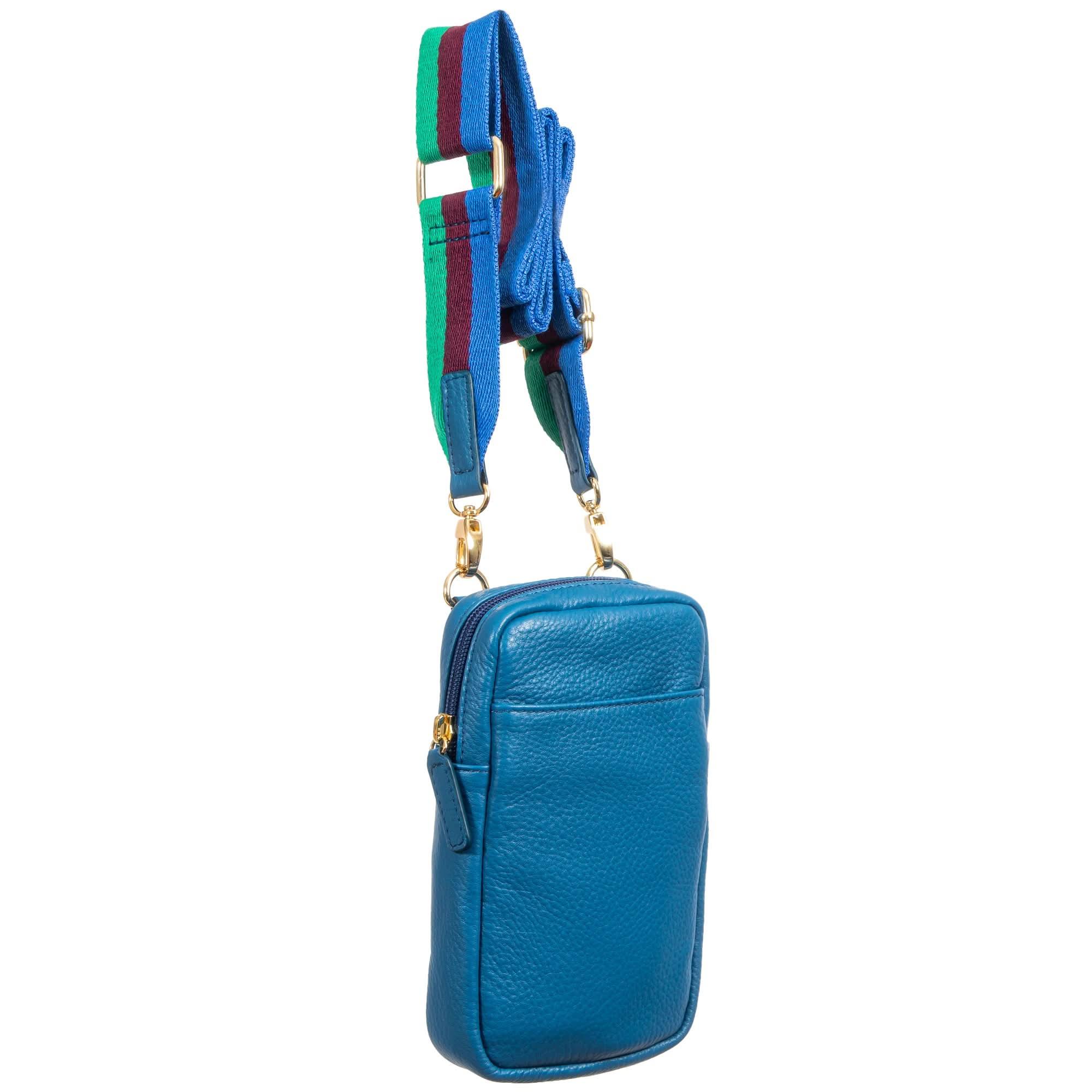 Side view of blue leather phone crossbody bag with colorful strap