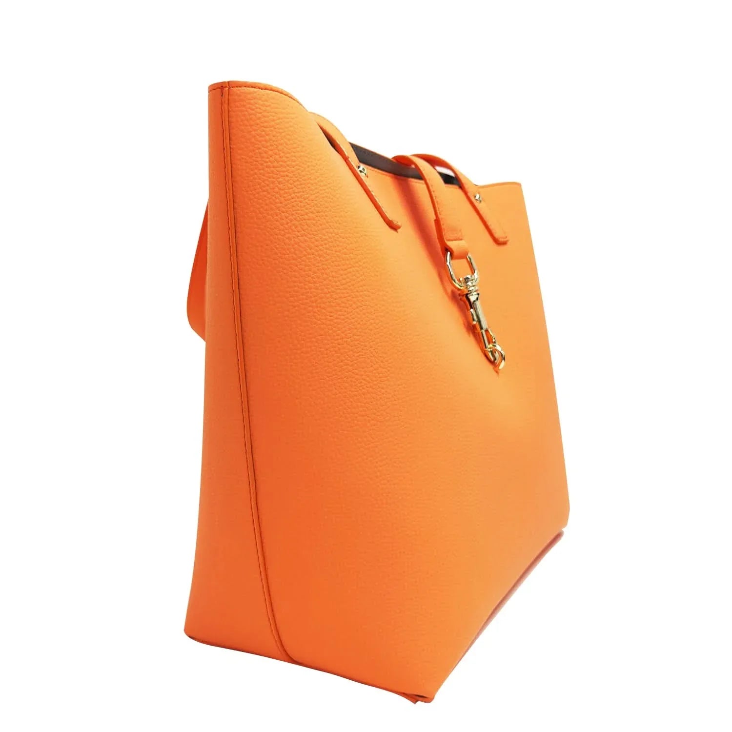 Side view of orange pebbled leather tote bag for work and errands