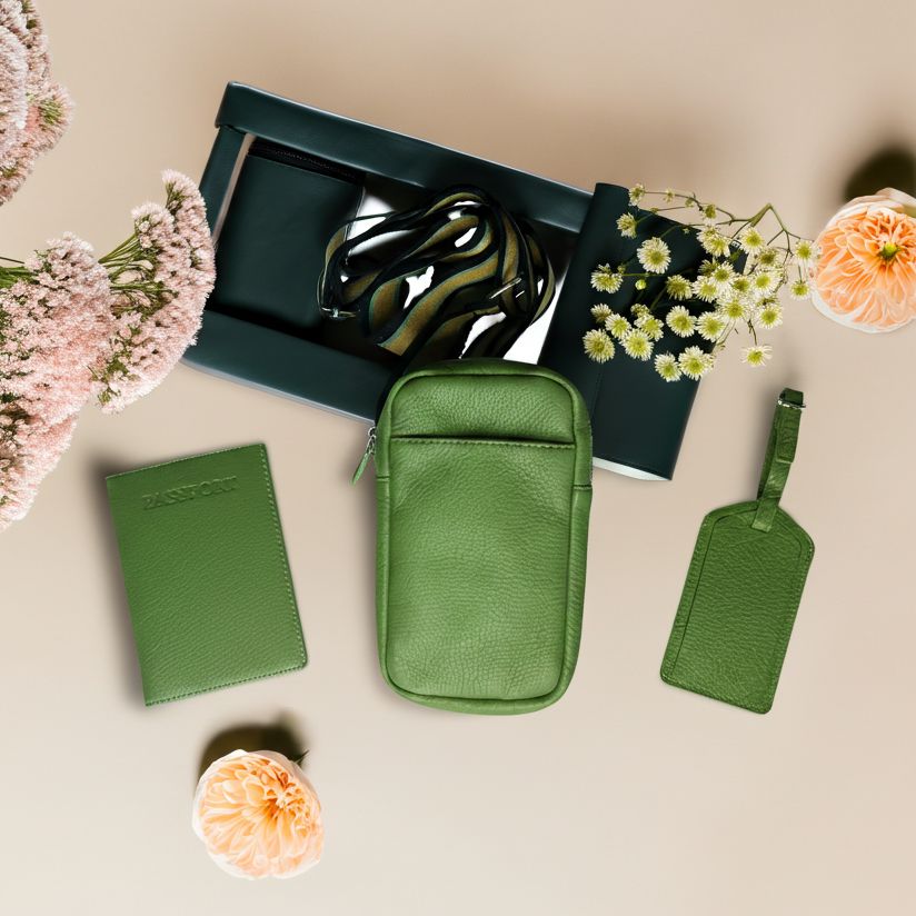 Sophia full-grain leather travel wallet, phone bag, and luggage tag set in green