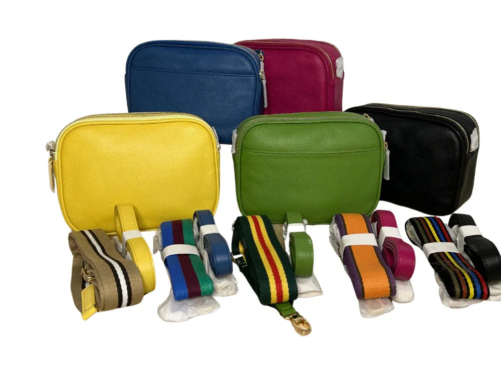 Sophia leather crossbody bags shown in butter, berry, green, and black