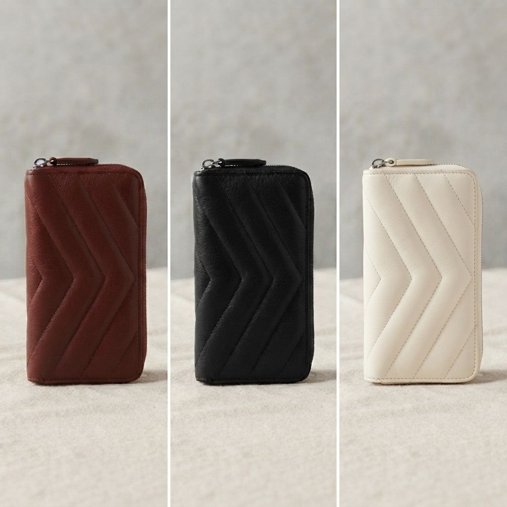 Three quilted lambskin leather zip-around wallets in burgundy, black, and cream