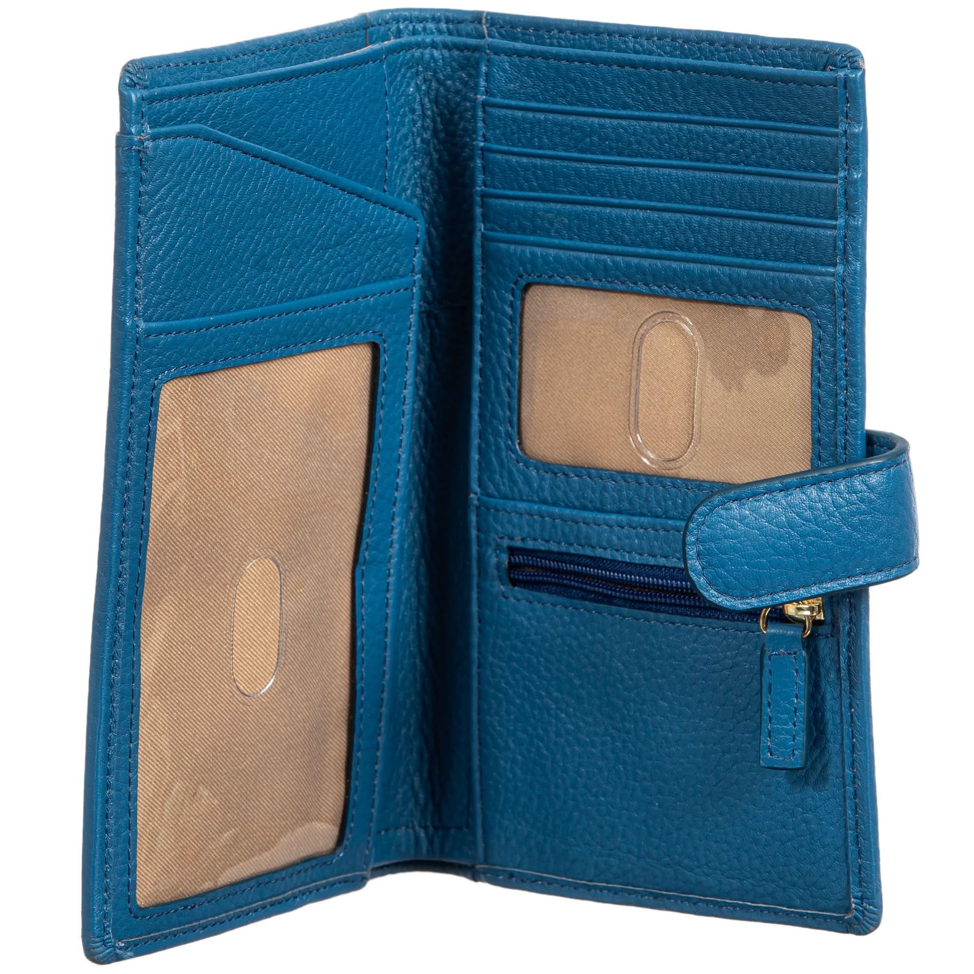 Open blue Sophia leather travel wallet showing card slots and ID windows