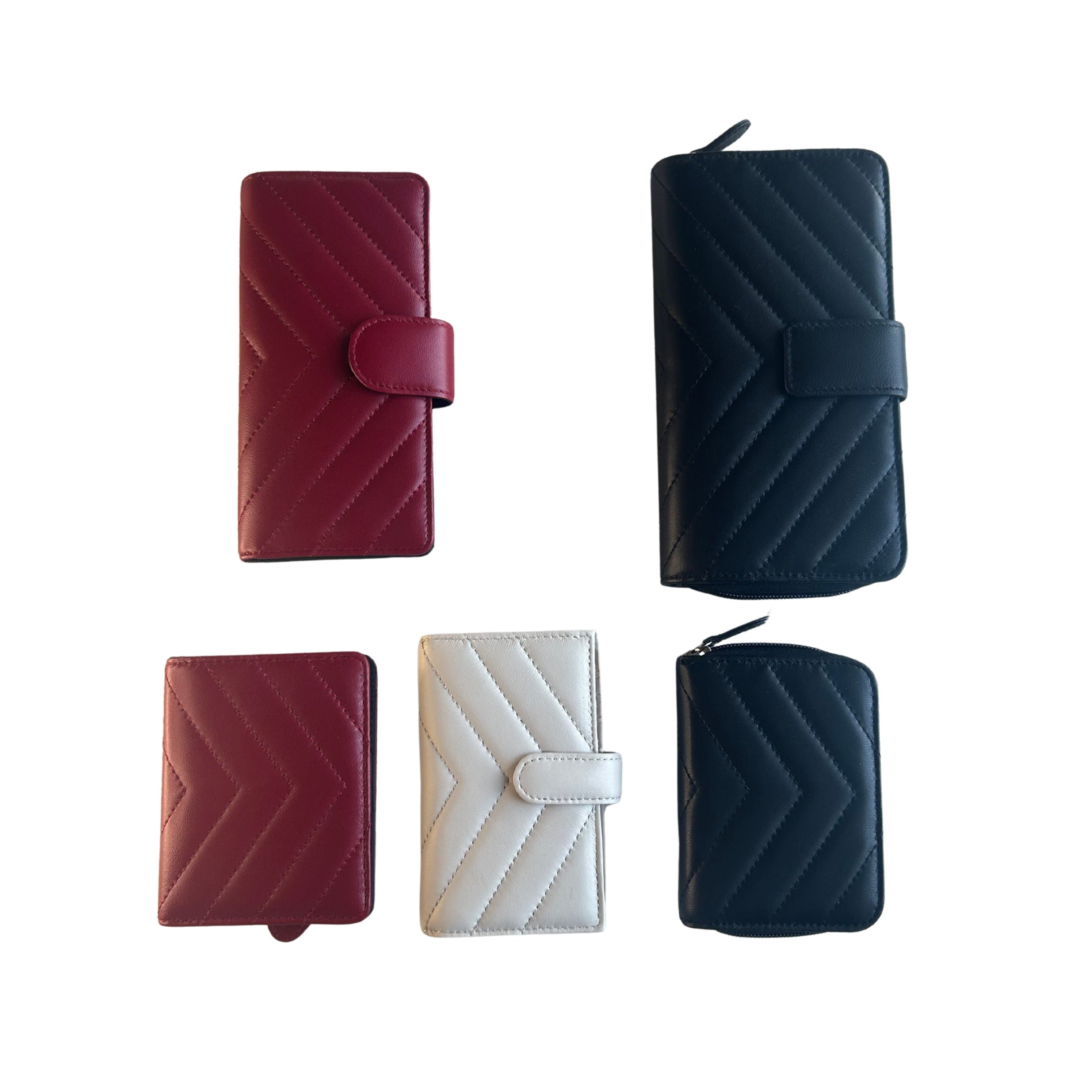 5 quilted lambskin leather wallets in burrgendy color, black color and ivory color