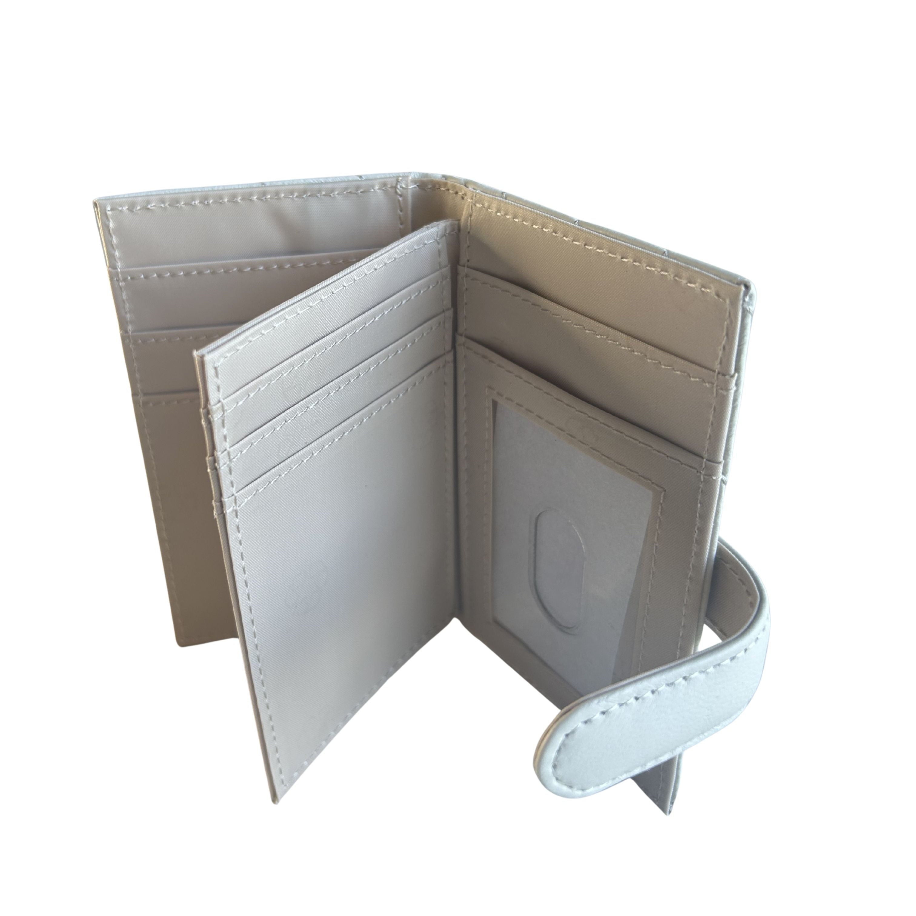 An open white/ivory lambskin leather bifold wallet with multiple card slots and a clear ID window