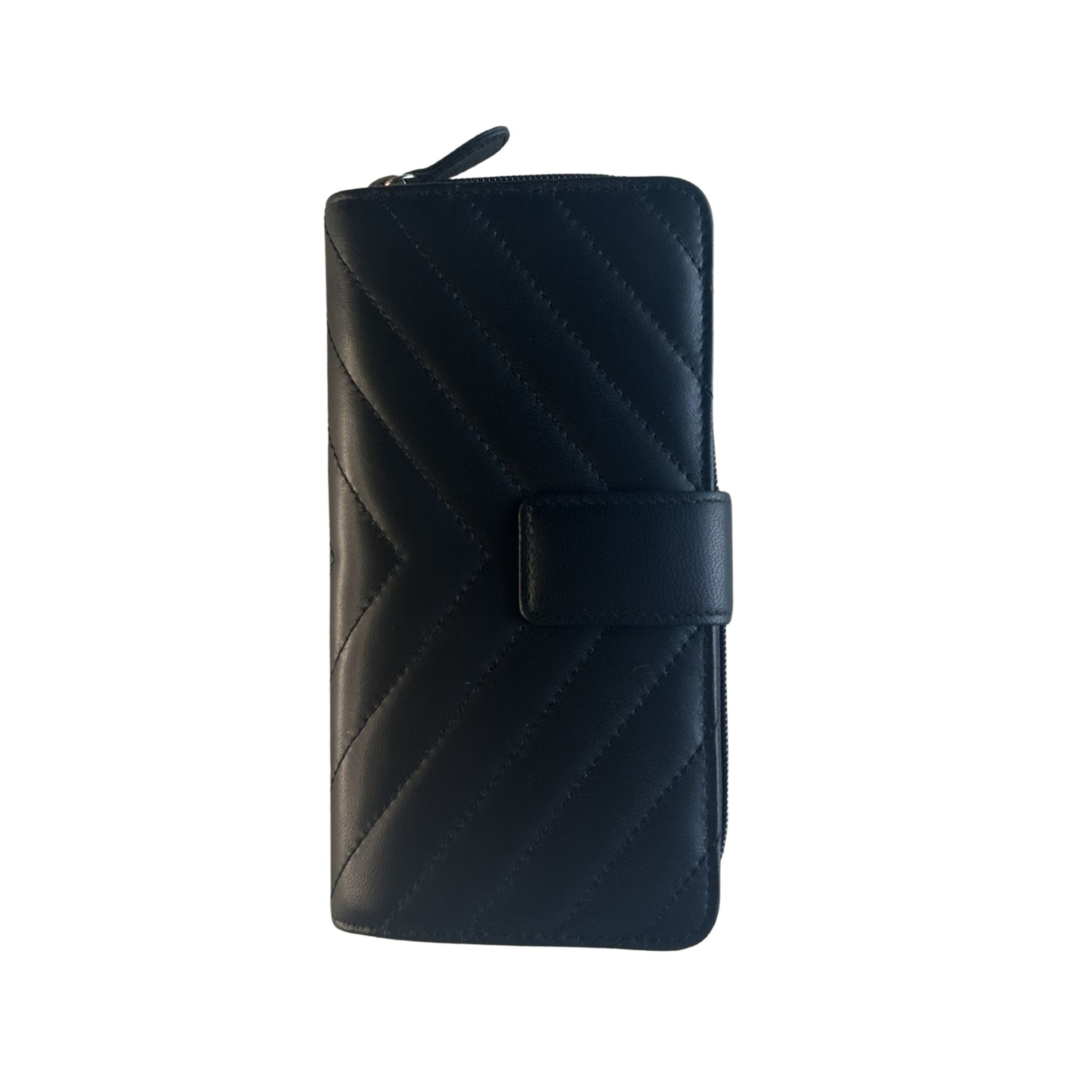 Black New Zealand lambskin leather RFID zip-around organizer wallet with quilted exterior