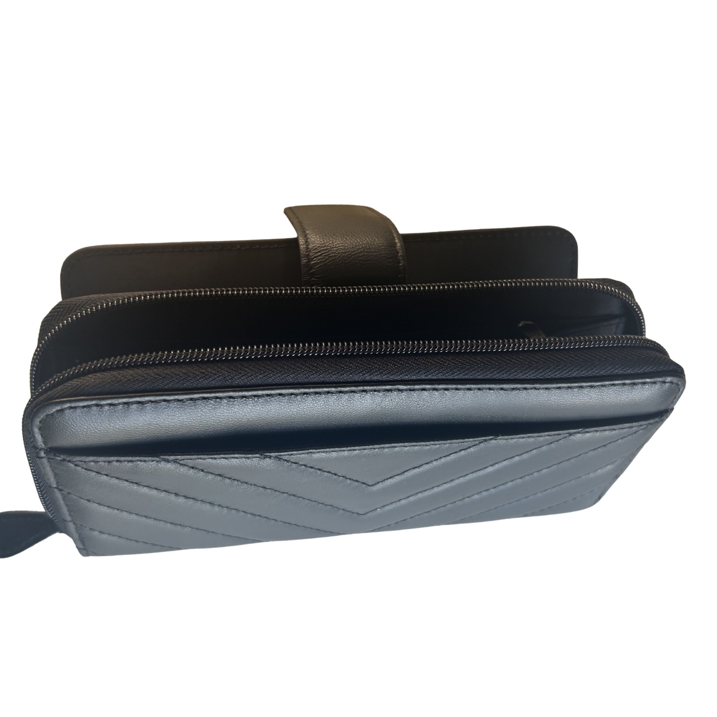 Black lambskin RFID wallet opened to show zip-around compartments and interior organization