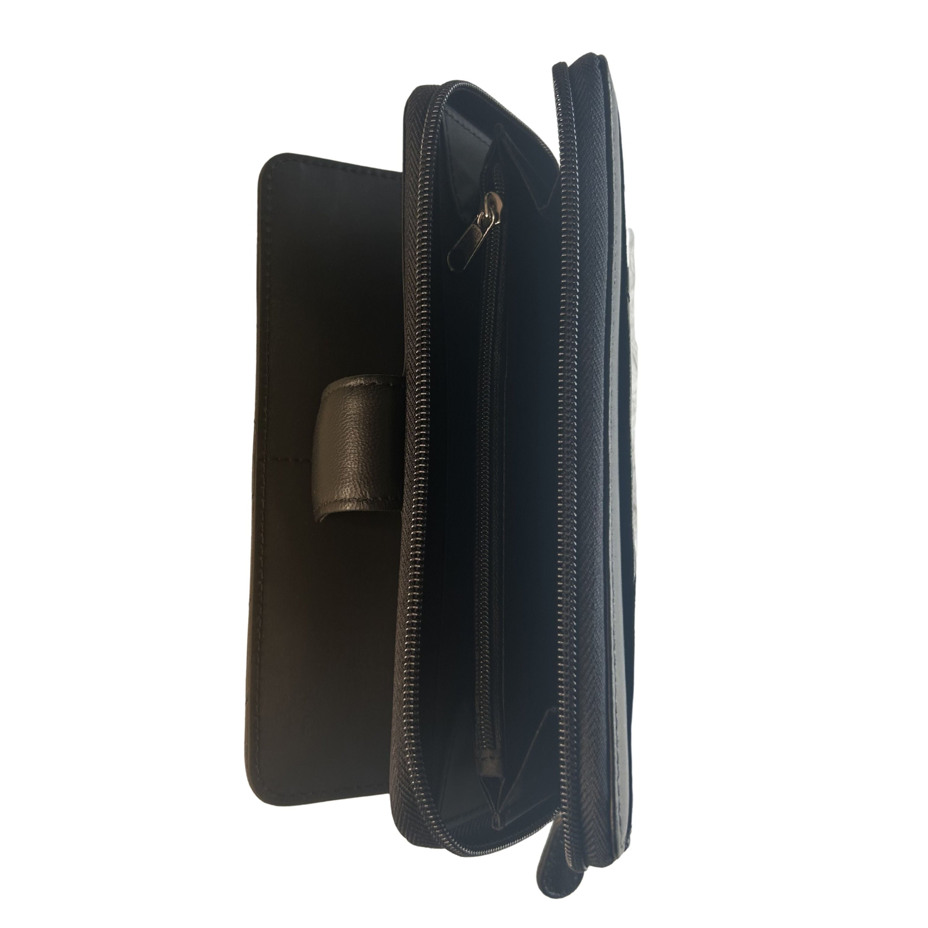 Side view of black New Zealand lambskin leather zip-around organizer wallet