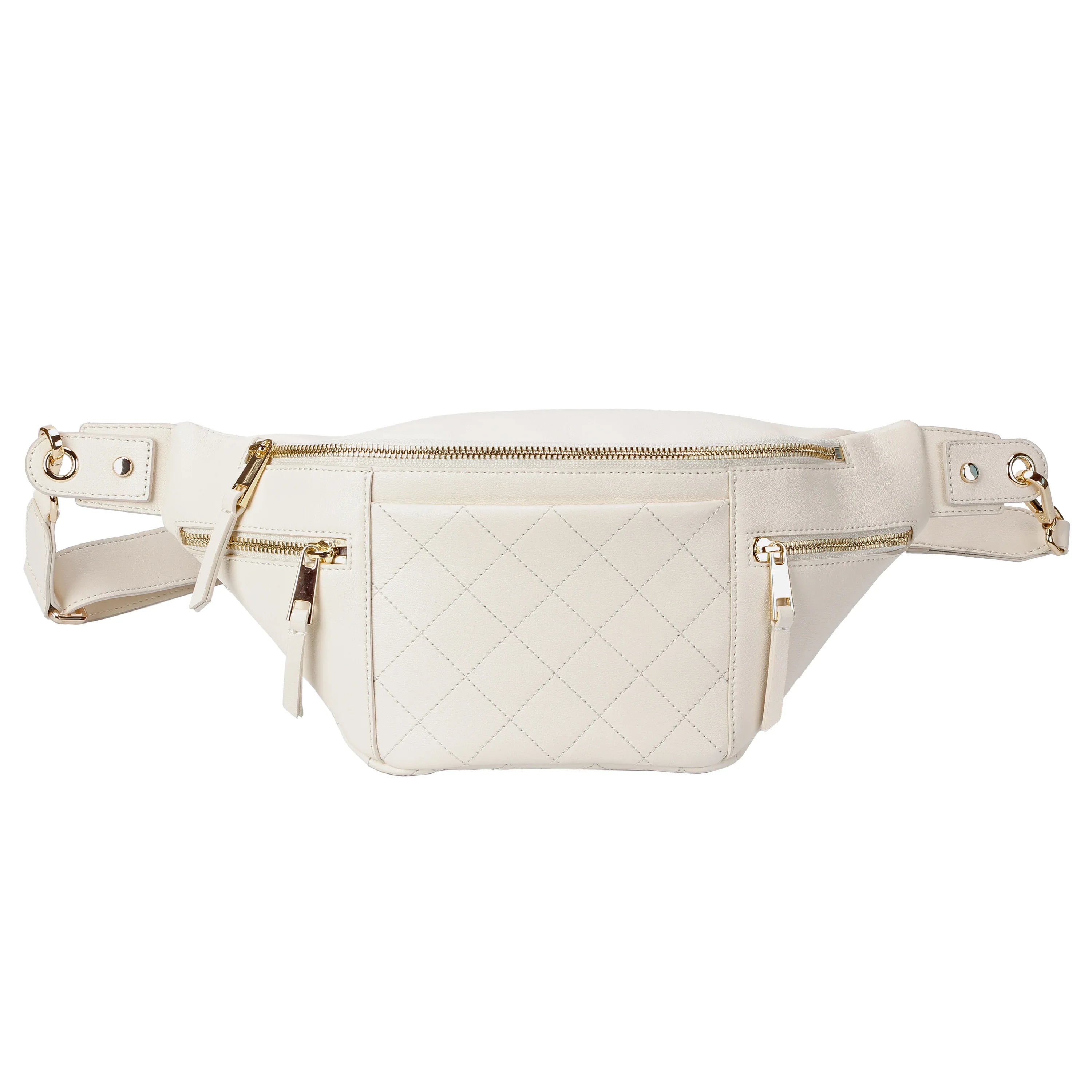 White quilted leather belt bag with dual top zipper compartments