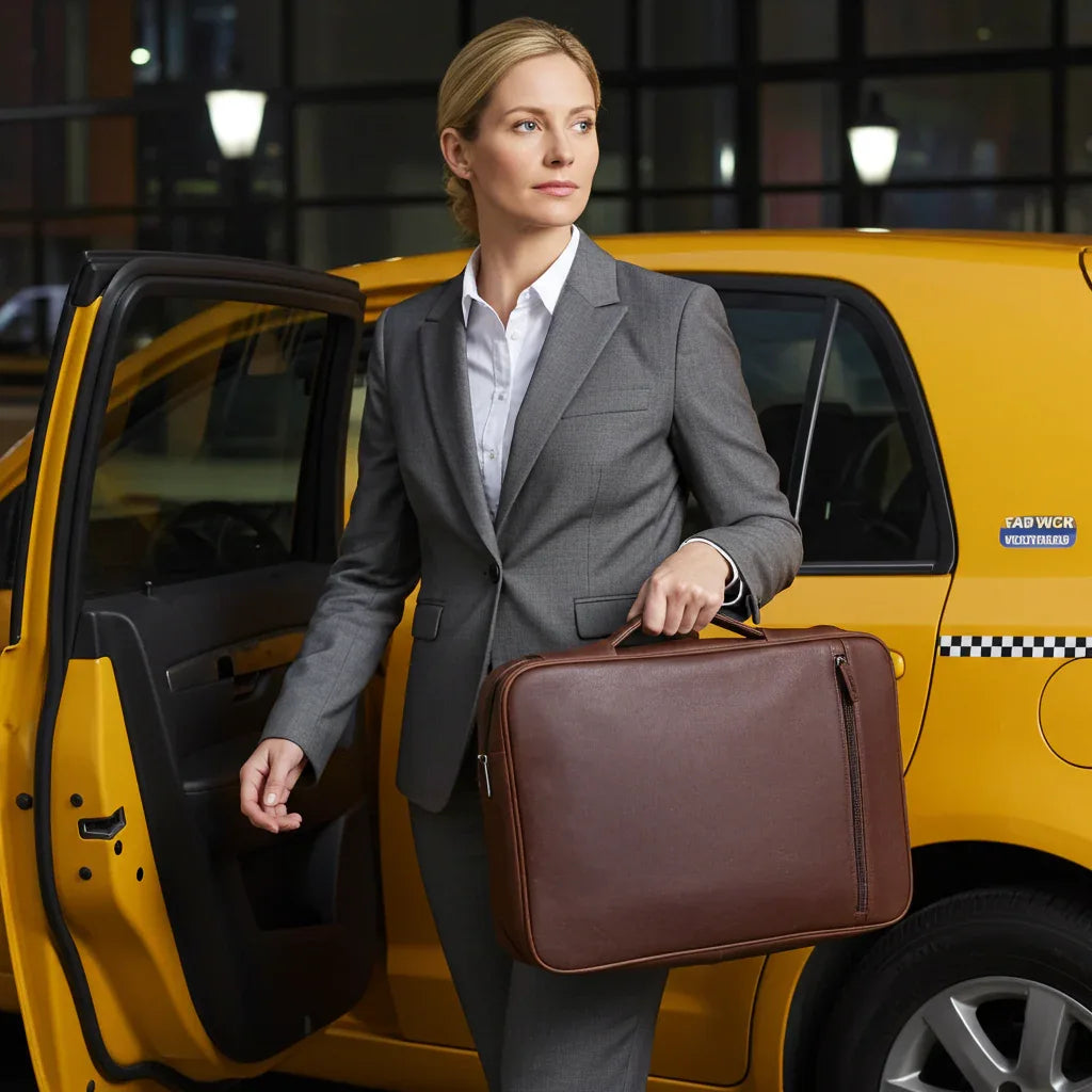 Woman carrying Cambridge leather tech case by taxi for work travel