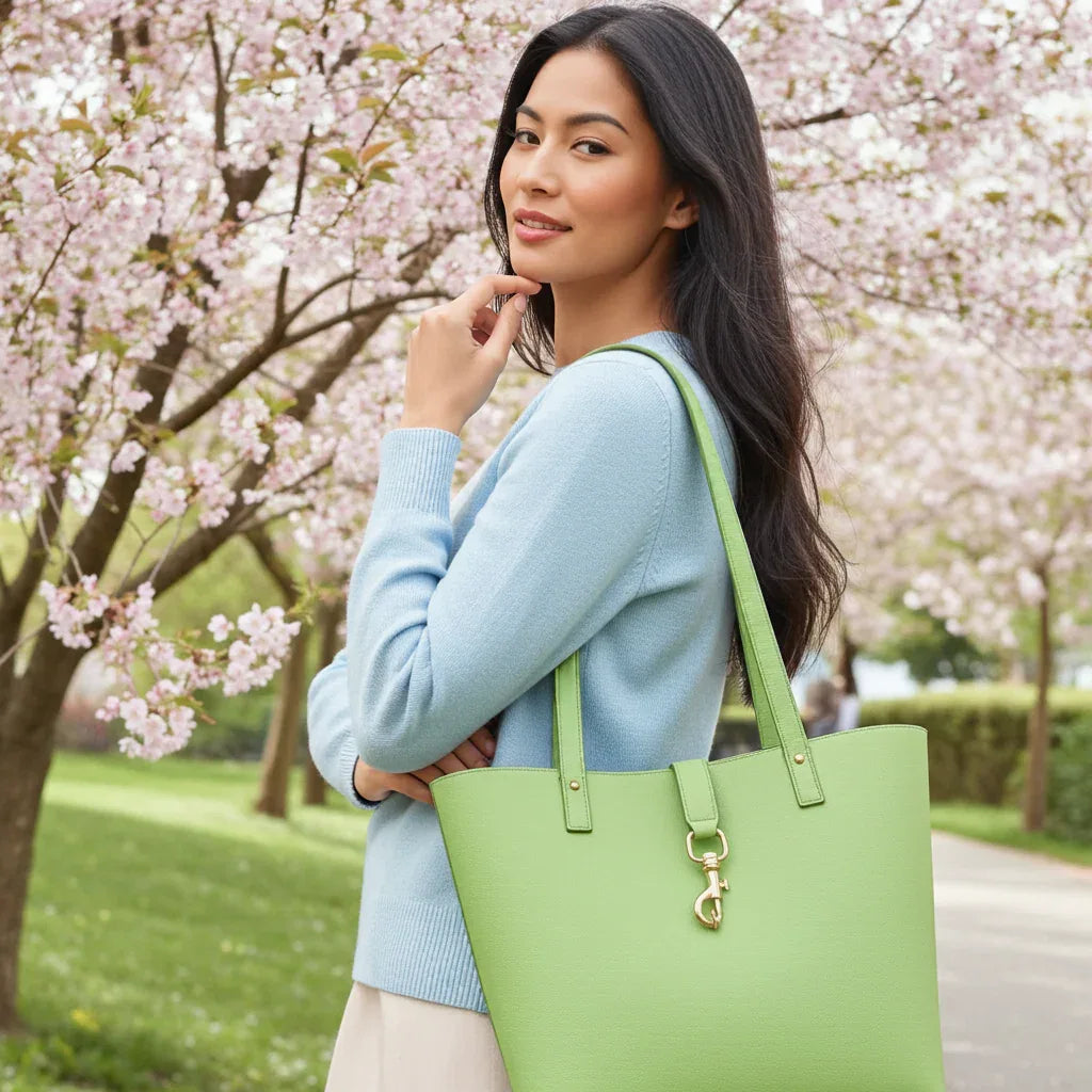 Woman carrying green pebbled leather tote bag for work and everyday use