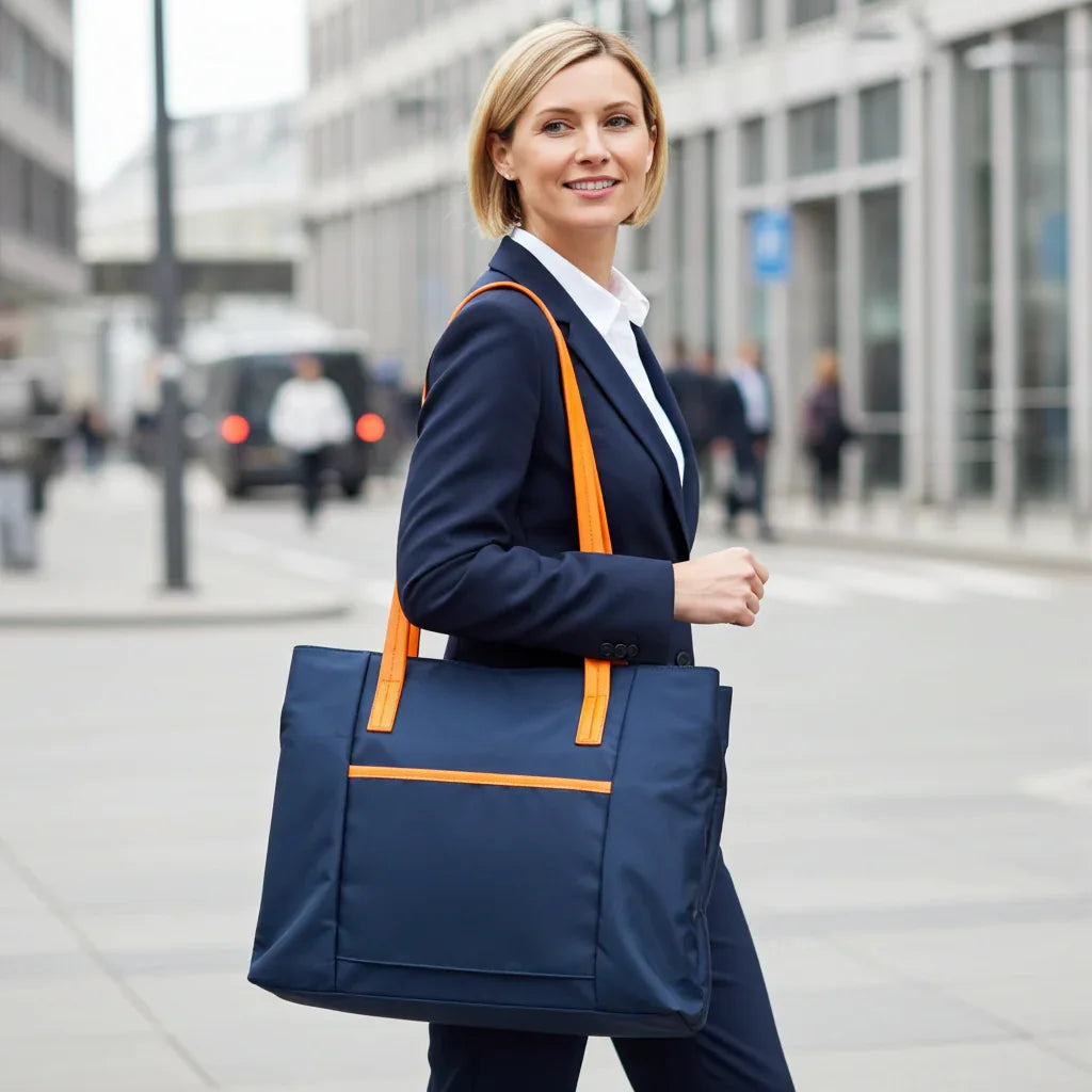 Woman carrying lightweight work tote bag for office and commuting