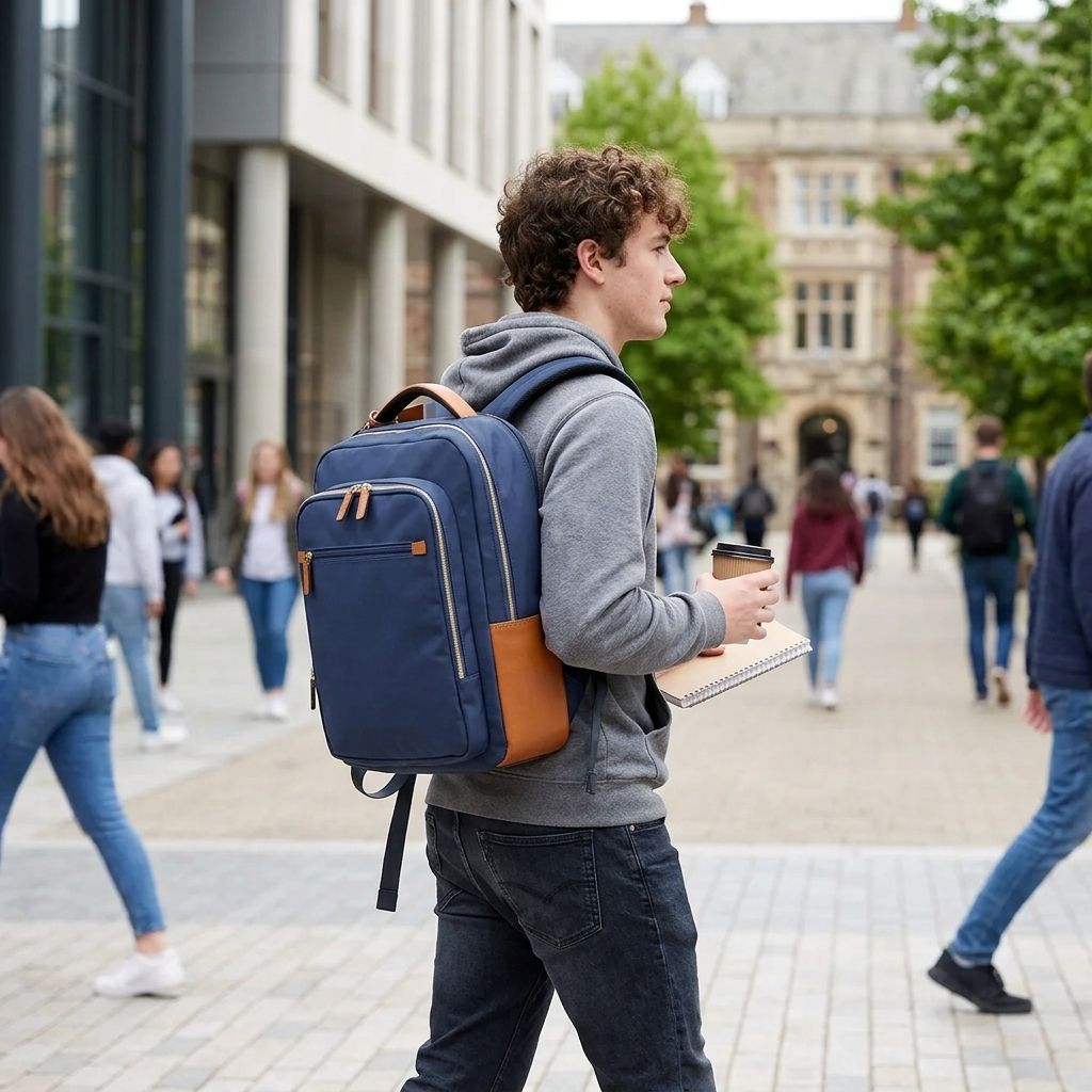 a 16" navy blue laptop backpack with tan leather-like accents