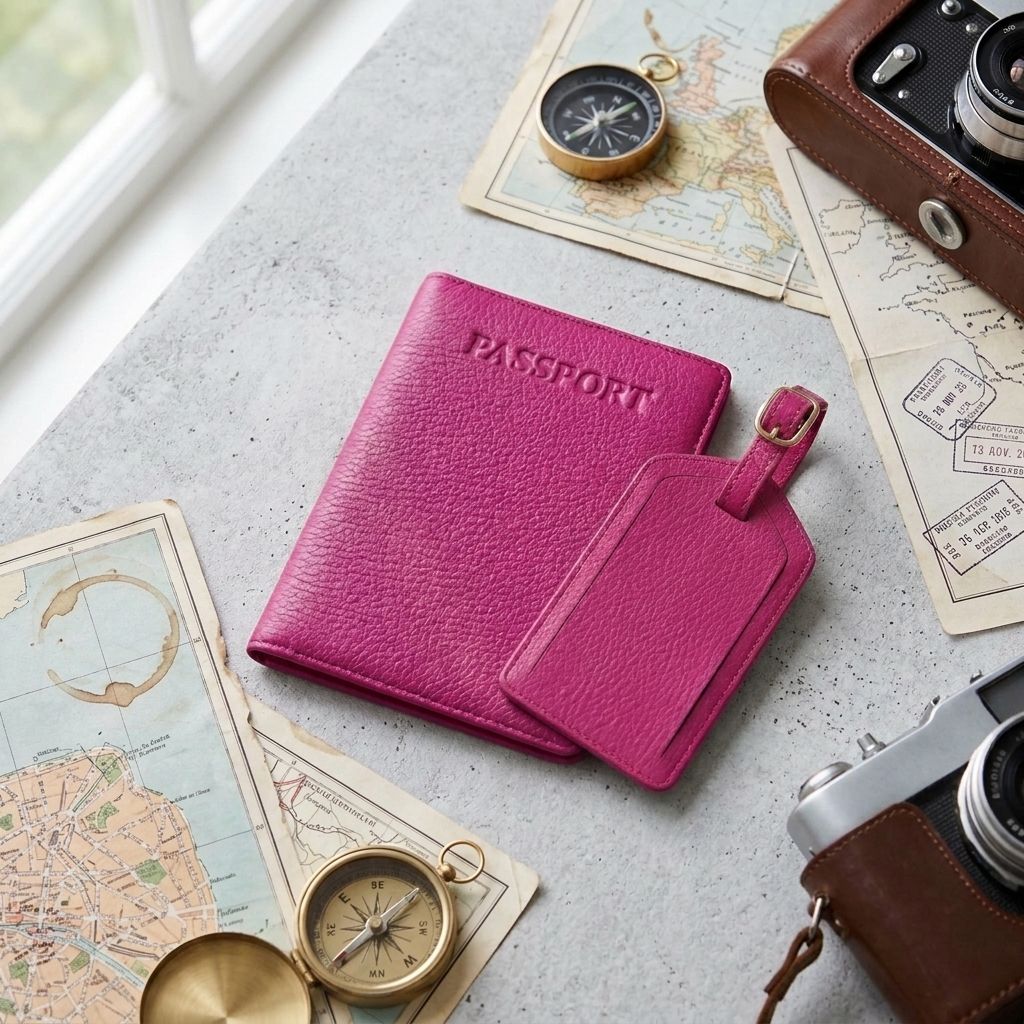 Berry full-grain leather passport cover and luggage tag travel set