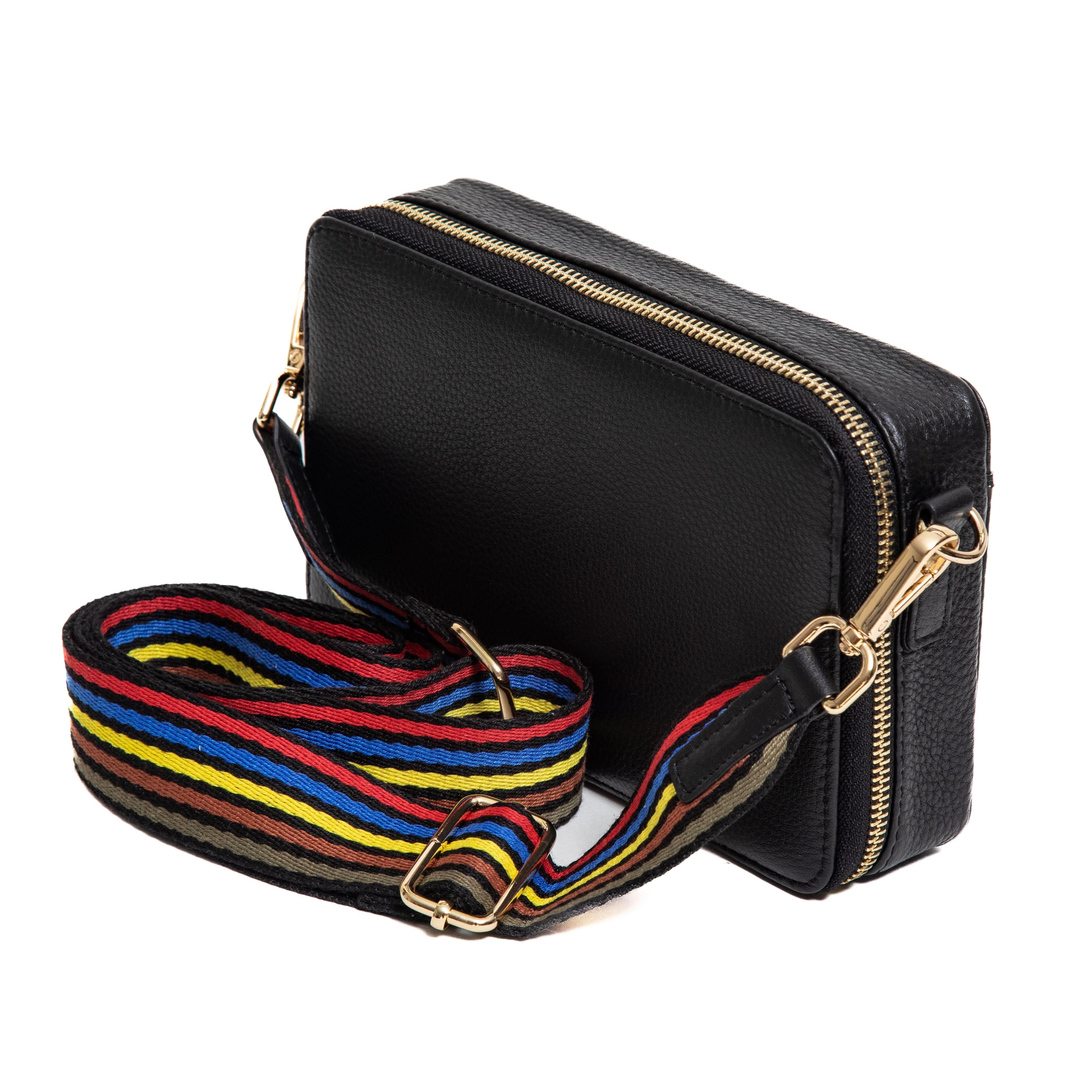 black leather crossbody purse with adjustable woven strap