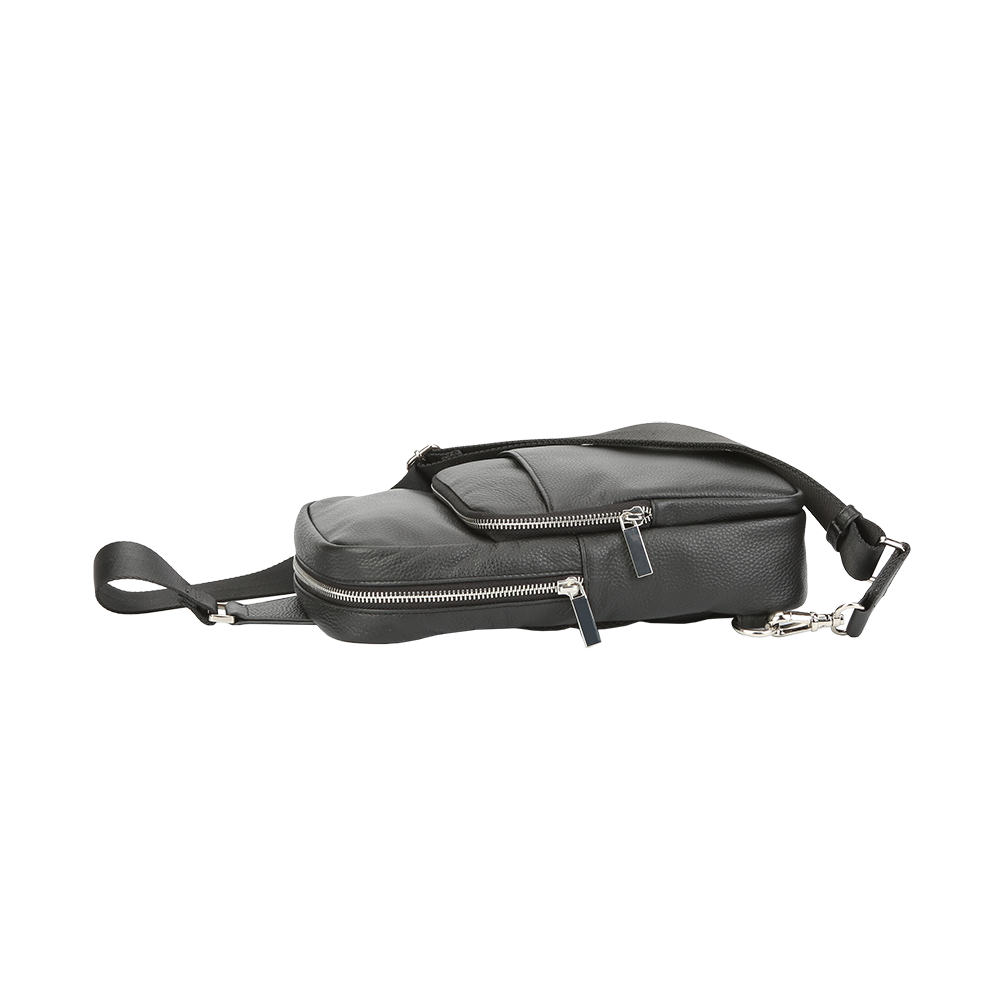 Black leather waist bag with zippers on a white background