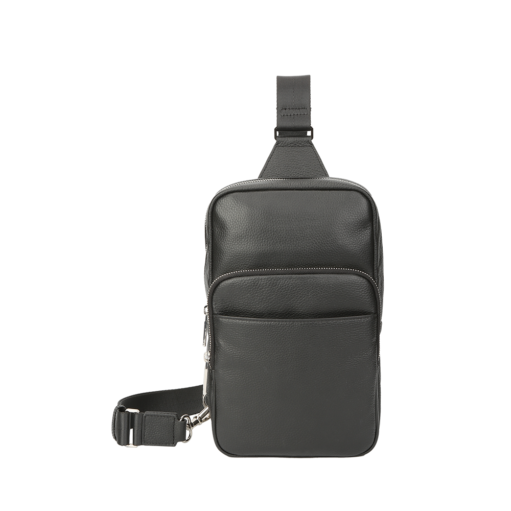 Black leather sling bag on a white background