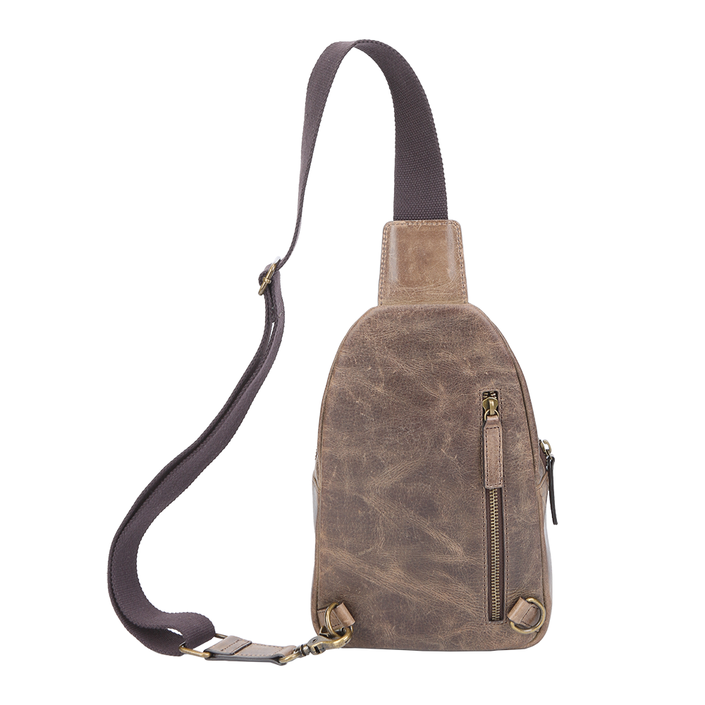 Back view of Crazy Horse leather sling bag showing rear zipper pocket