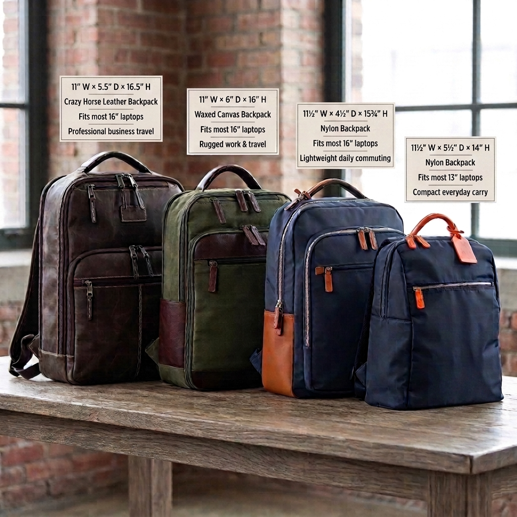 Comparison of MiamiLeathers backpacks including Crazy Horse leather, Maxwell waxed canvas, and lightweight nylon backpacks with dimensions, laptop compatibility, and best use cases for work, commuting, and travel.