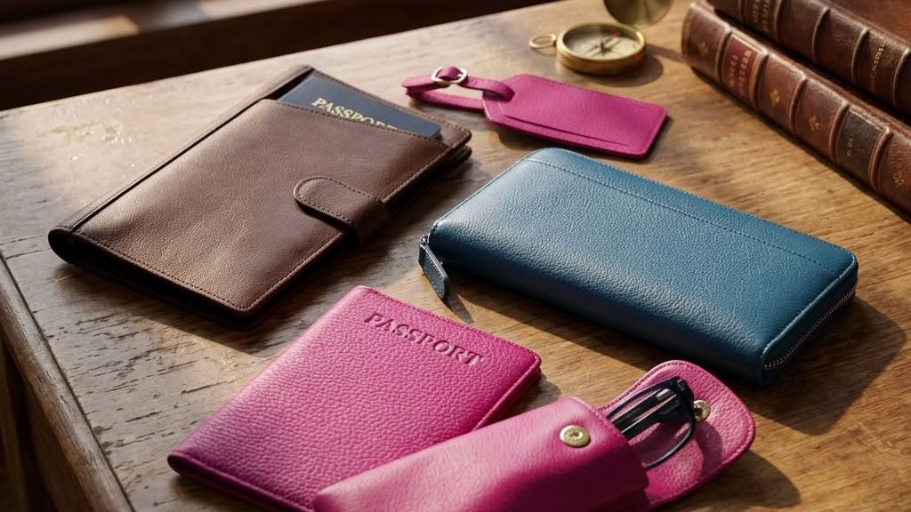 Five leather travel accessories: a brown passport holder, a blue wallet, a bright pink passport case, a luggage tag, and a matching pink pen glass holder.