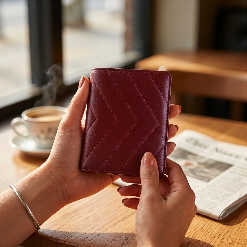 A person holds a burgundy quilted lambskin leather wallet in both hands