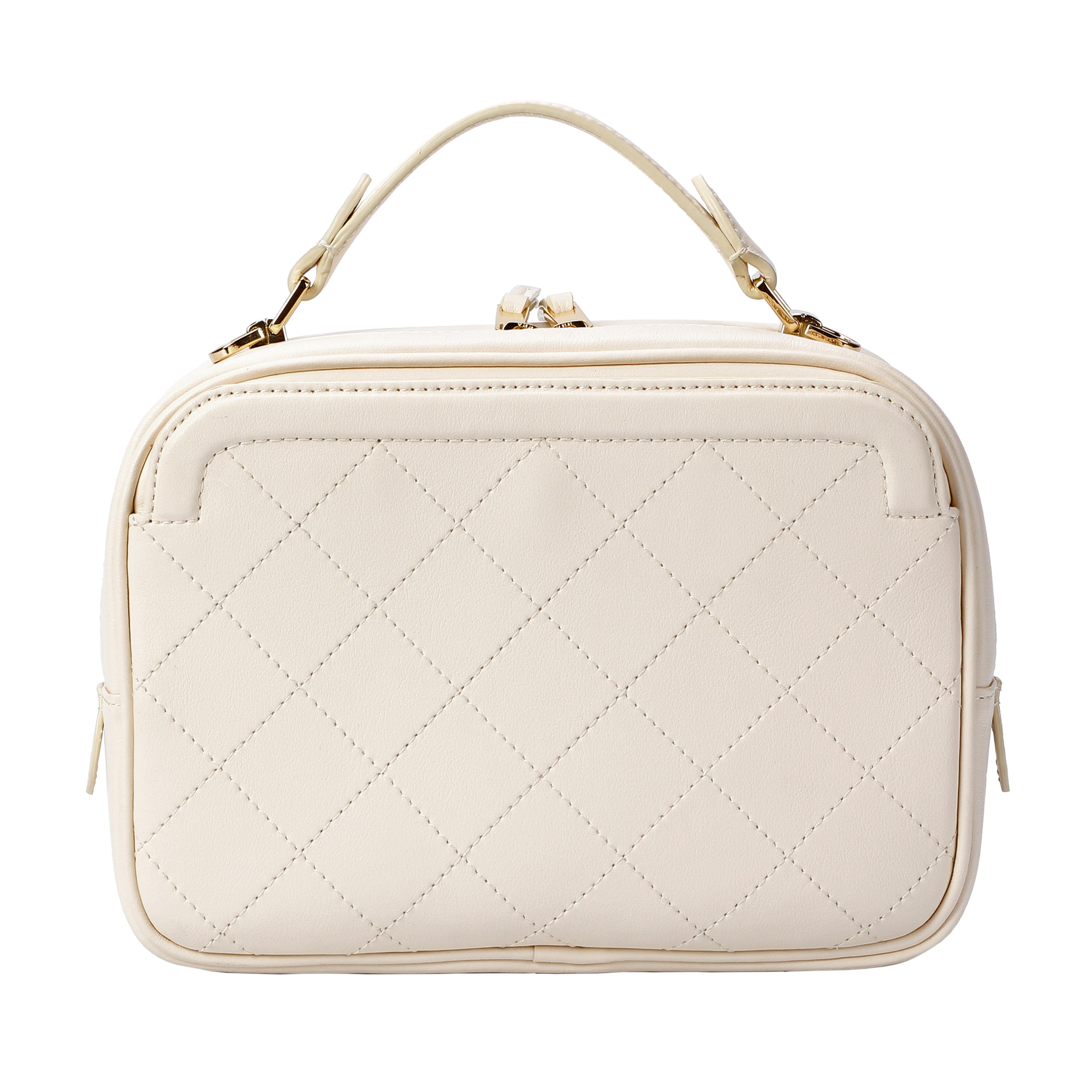 Front view of ivory quilted leather camera bag with gold hardware