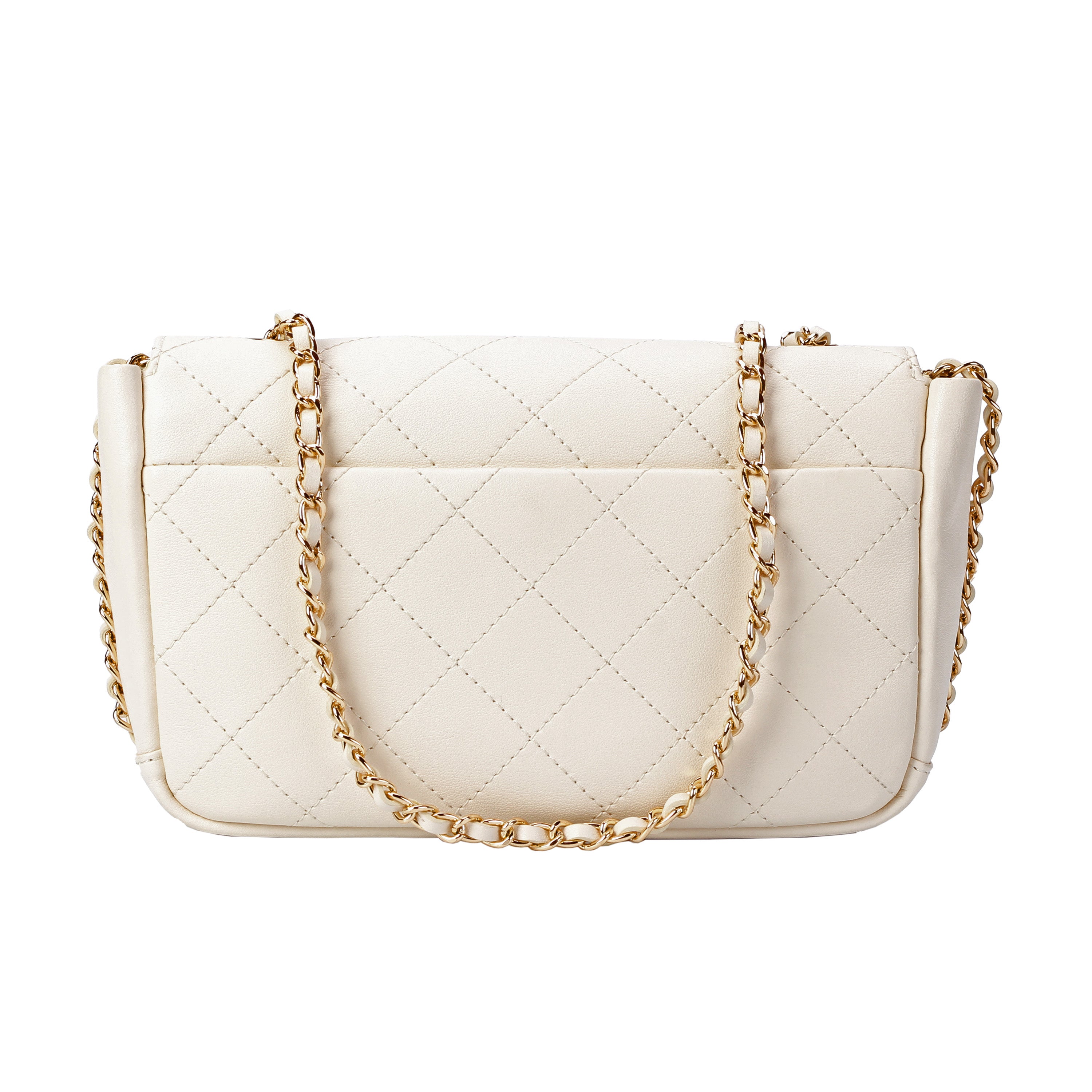 Back view of ivory quilted leather crossbody bag showing pocket