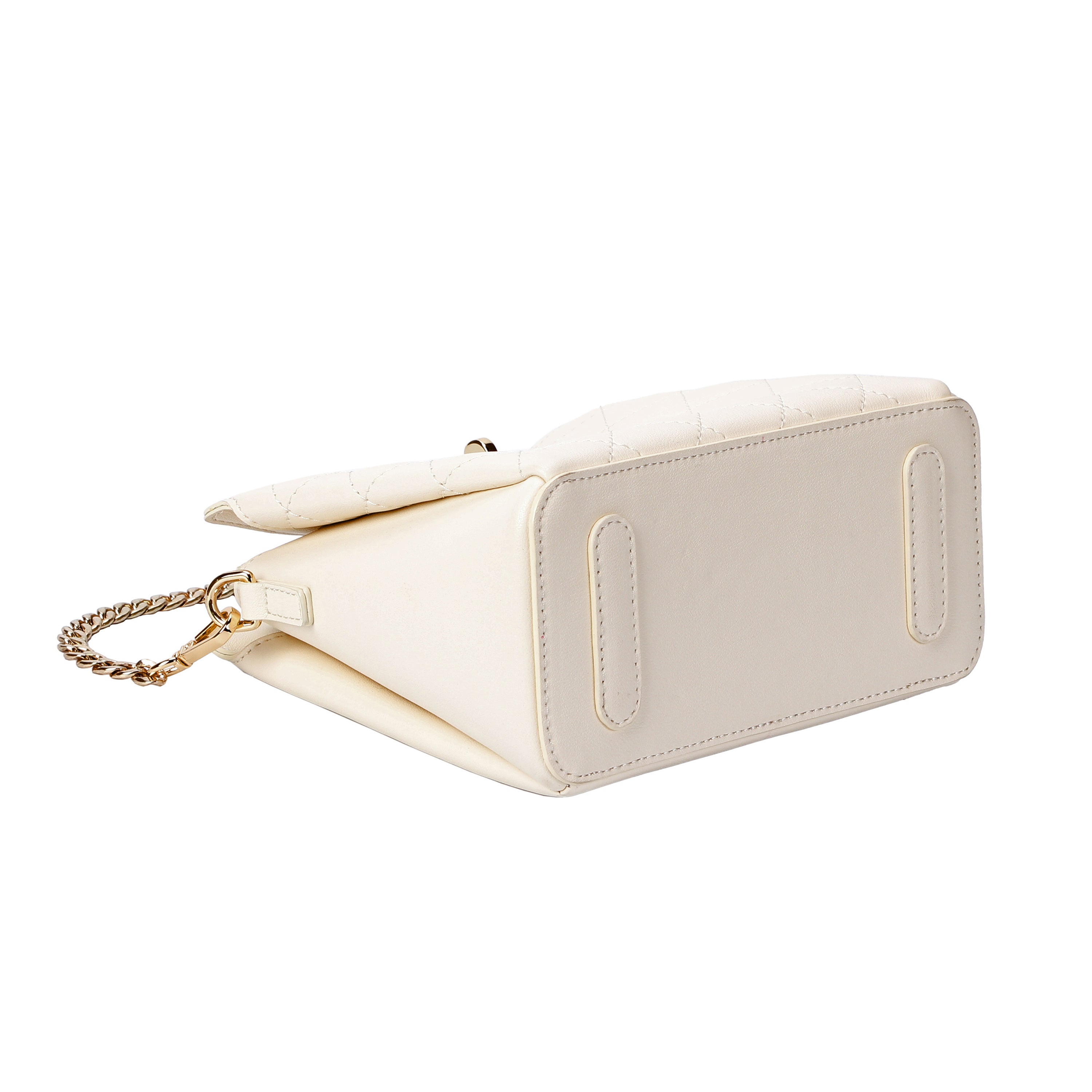 Bottom of quilted stitching and gold hardware on ivory leather handbag