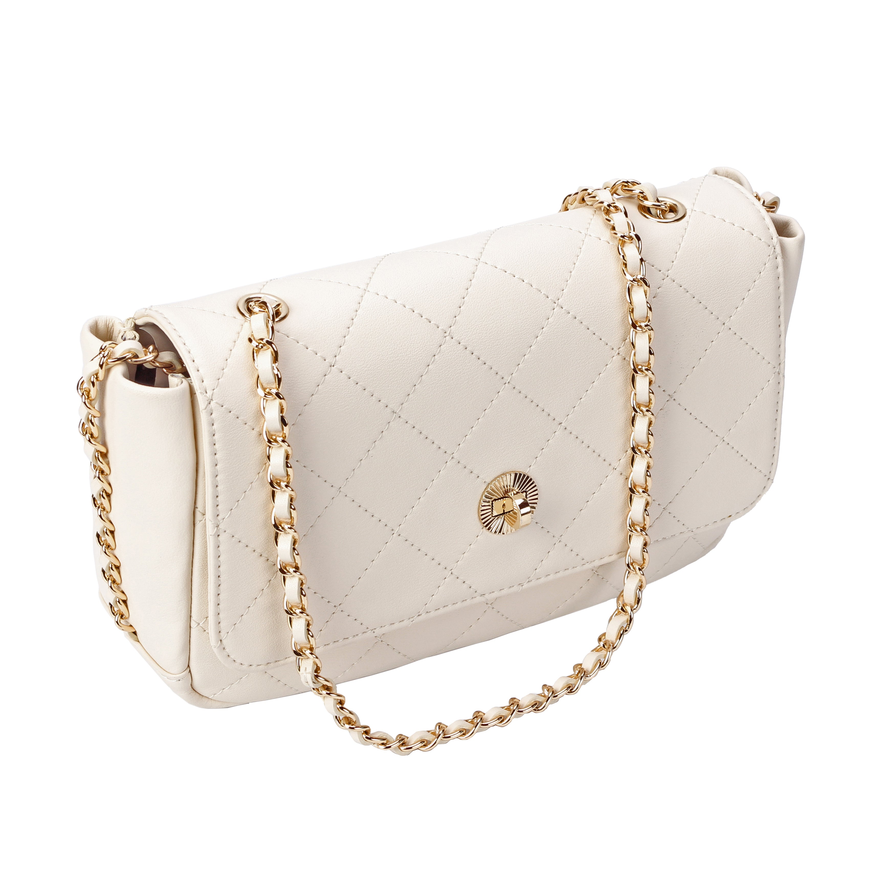 Close-up of gold chain and leather strap on ivory crossbody bag